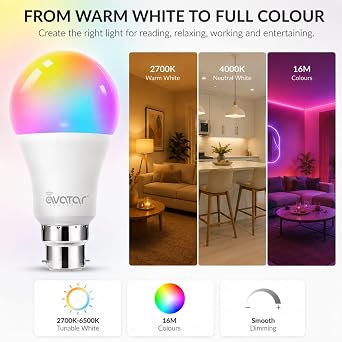 Avatar Controls B22 Smart Bulb, Colour Changing, Alexa & Google, 2 Pack [Energy Class F]