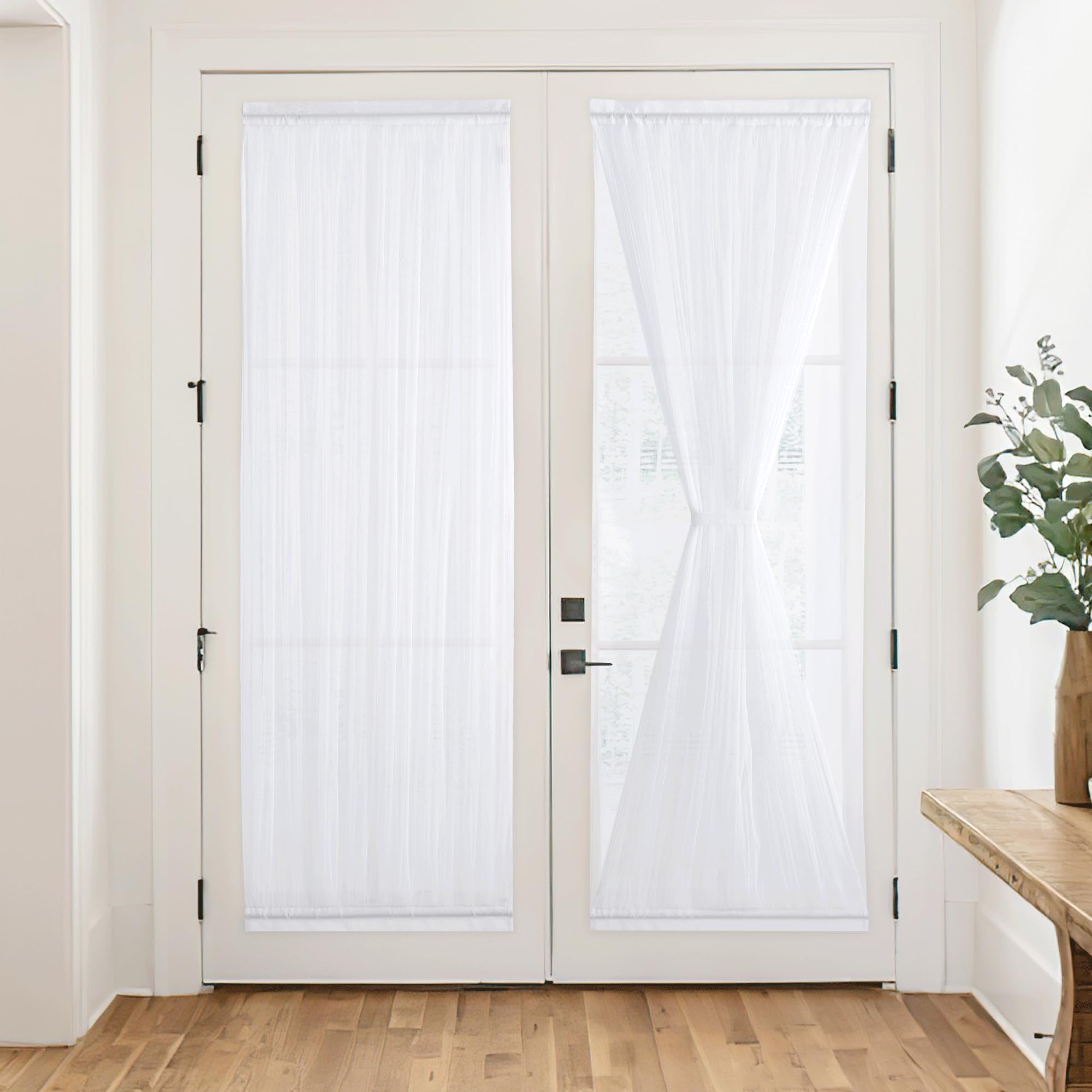 RYB HOMEFrench Door Sheer Curtains, Light-Filtering Privacy Door Curtain with Tieback for Front Door, Top and Bottom Rod Pocket Sidelight Curtain Drapes with 2 Layers, White, W26 x L80