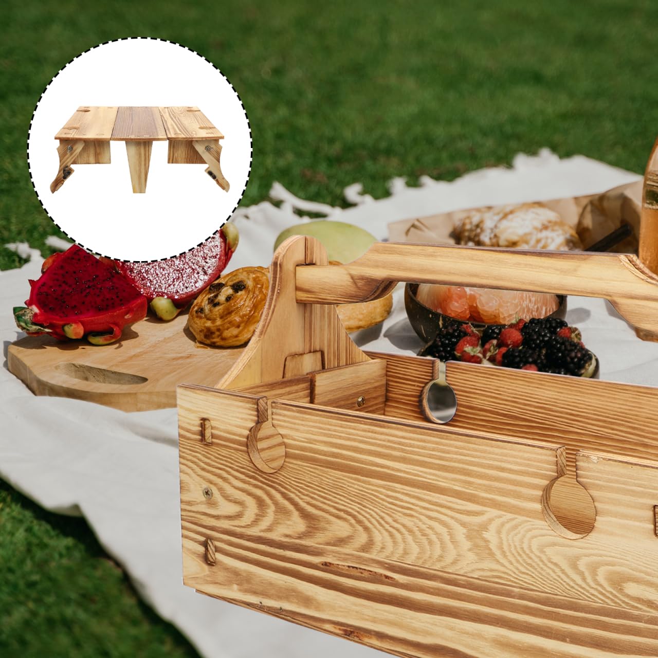 GANAZONO Mesa plegable con cesta para vino, picnic al aire libre, cesta de picnic de madera, mesa plegable para exteriores, mini contenedor de vino y queso, accesorio para picnic, mesa de picnic de