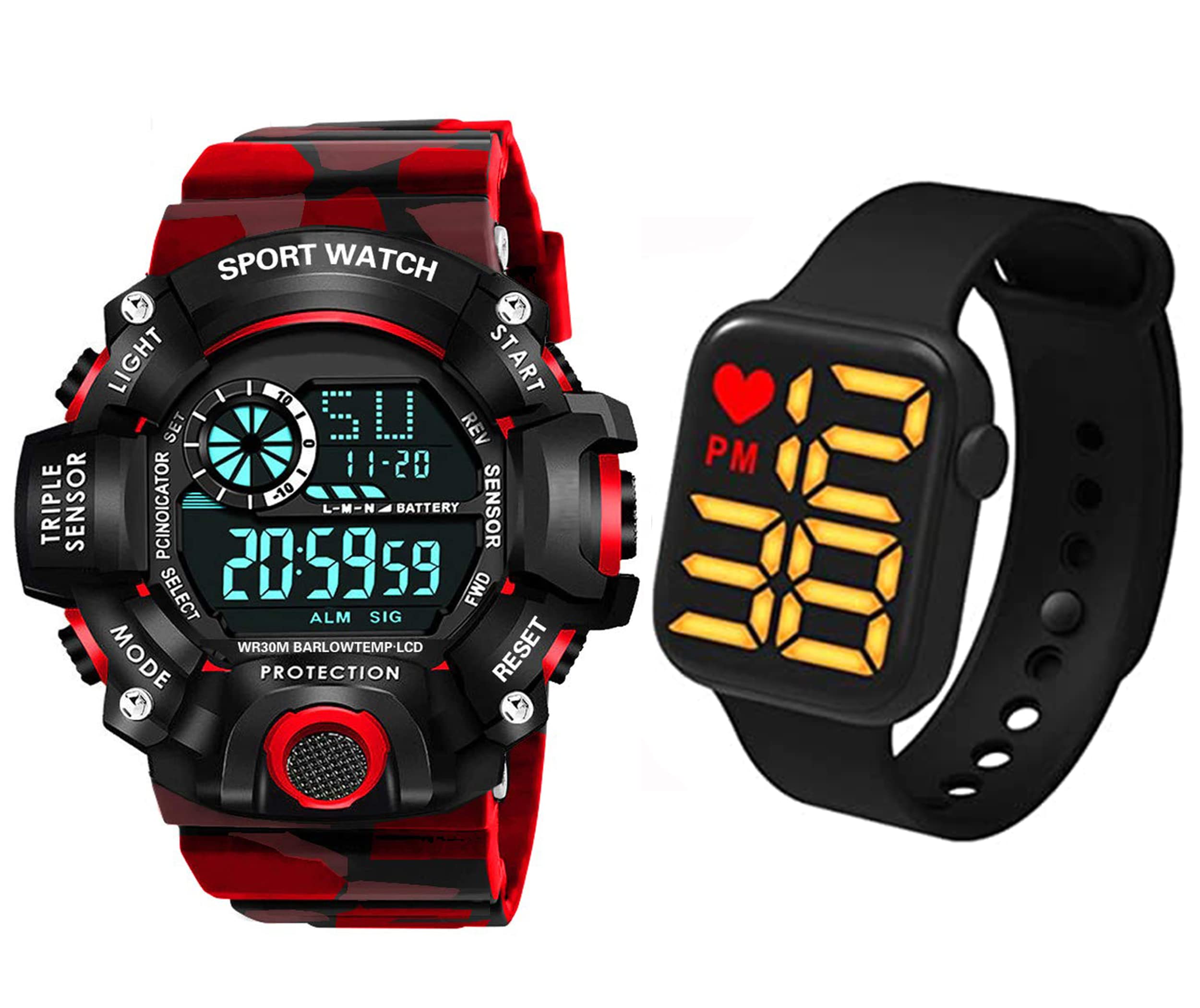 The Shopoholic Digital Red Day Date Month Alarm Stopwatch Army Dial Sports Watch with Heart Square LED Watch for Mens Kids Watch for Boys Watch for Men Pack of 2 (B0BNXQYRGW) Amazon Price History, Amazon Price Tracker