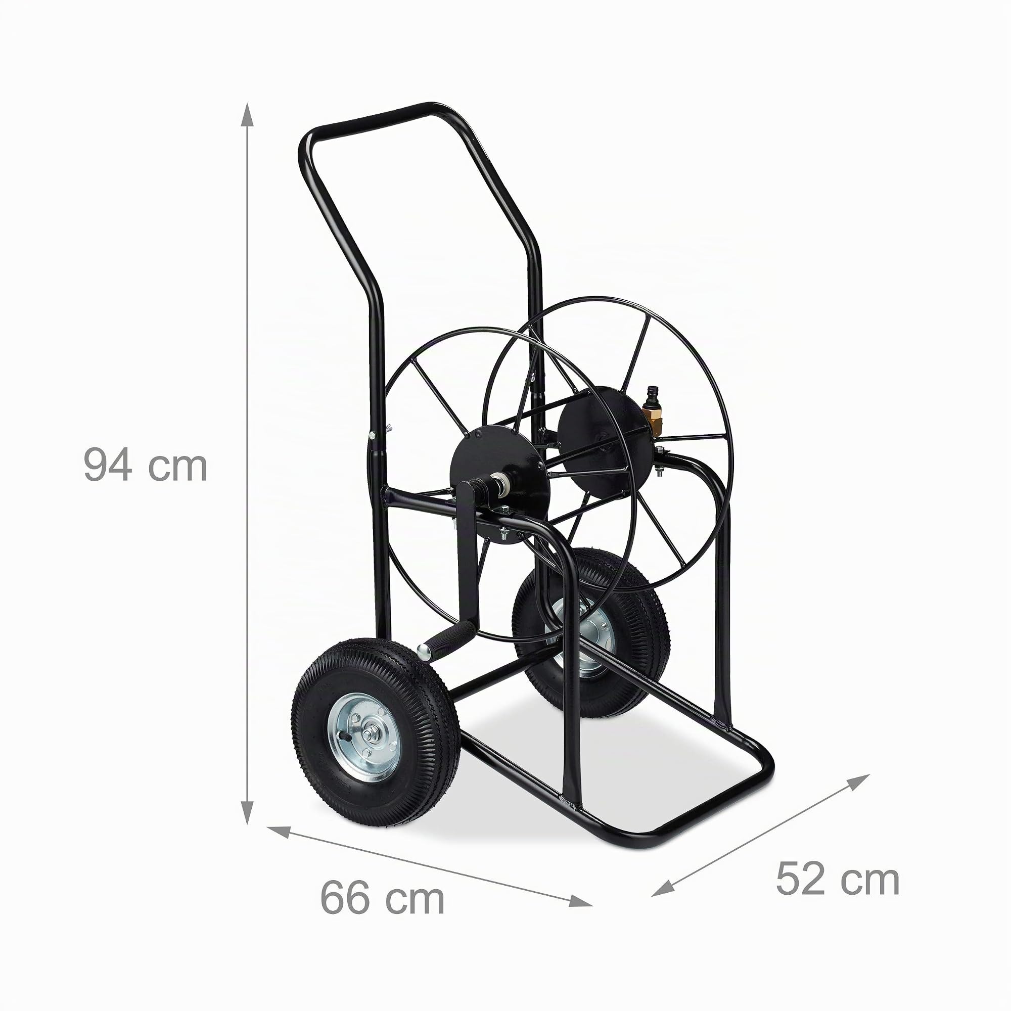 Relaxdays Carro para Manguera de riego, Soporte portátil, Conector de 1/2" & 3/4", hasta 80m, Metal, 1 Ud., Negro