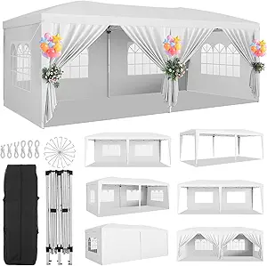 Upgraded 10x20 Pop Up Canopy Tent with 6 Removable Sidewalls, Commercial Heavy Duty Pop Up Canopy Tents for Parties, Roller Bag, Upgraded Thickened Legs, 6 Sand Bags, 18 Stakes, White