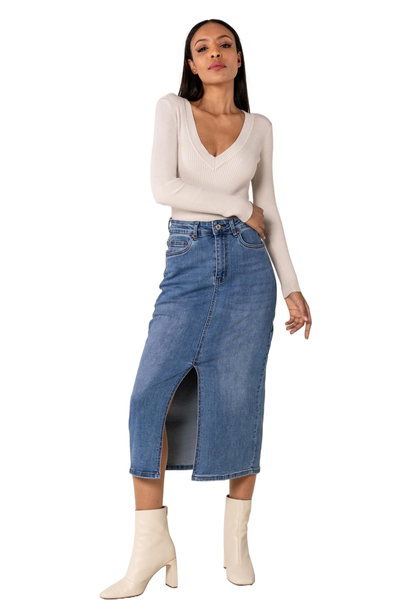 Nina Carter P215 Damen Jeansrock High Waist – Langer Stretch-Rock mit Schlitz vorne, Used Look, Wadenlang mit Reißverschluss