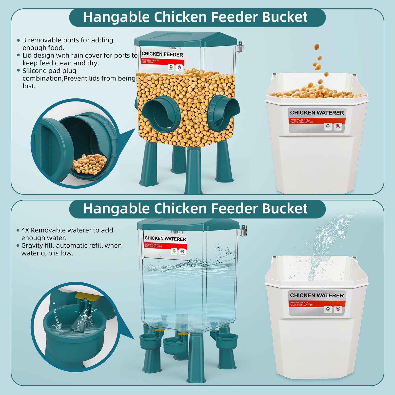 Set de comedero automático para pollos y bebedero para aves, dispensador de alimento para pollos de 8 kg y bebedero para pollos de 7 L, alimentación para aves al aire libre con patas desmontables