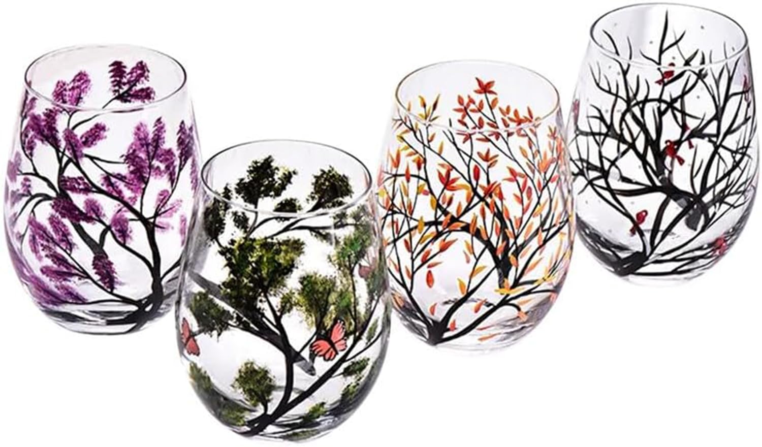 4Pack Four Seasons Tree Glasses Hand Painted Glass Fall Leaves Flower Seasons Colored Glasses for Water, Novelty Gift for Birthdays Weddings (Stemless Glass, 520ml)