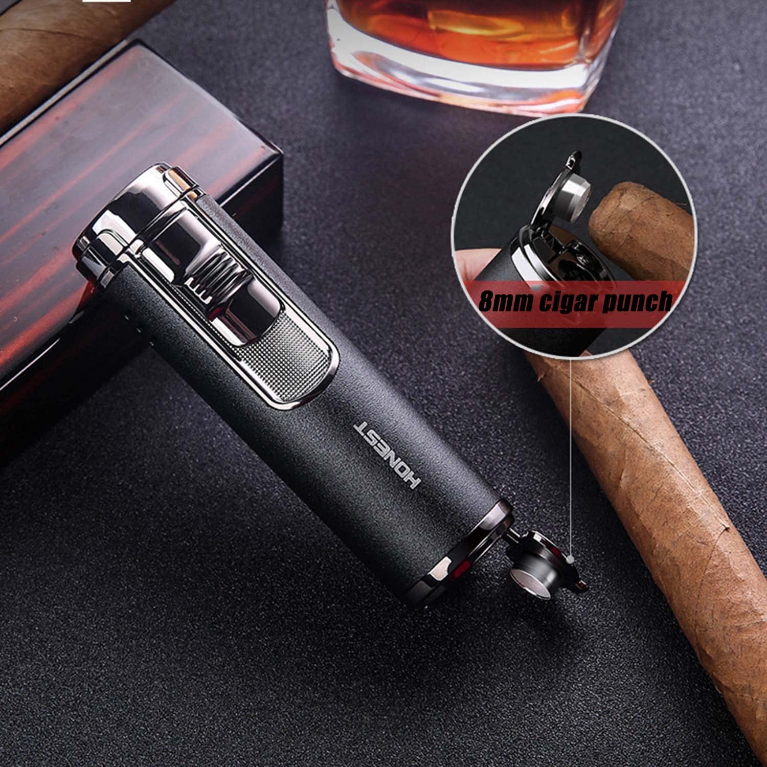Paquet de 5 Métal Cigare Briquet Cylindrique 4 Jets Rouge Flamme Torche Rechargeable Au Butane avec Cigar Punch Briquet de Poche Vente en Gros (sans Gaz)
