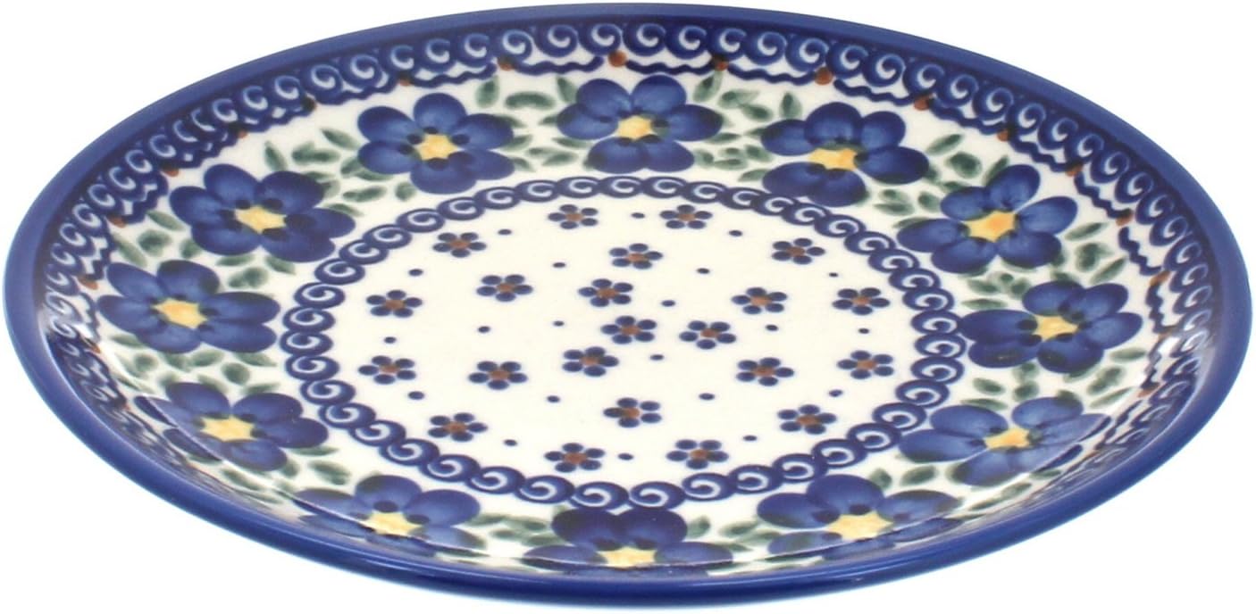 Blue Rose Polish Pottery - Blue Spring Blossom Dessert Plate - 7.5" Diameter - Beautiful Plate for Cake, Appetizers, or Snacks