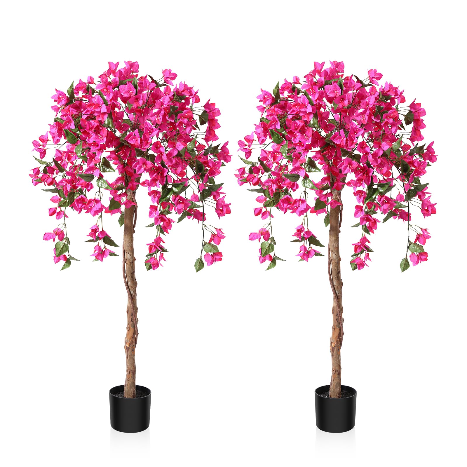 Fopamtri Kunstpflanze Kunstbaum mit Blüten 120 cm Künstliche Pflanzen im Topf Groß Rosa Fake Pflanzen für Indoor Outdoor Schlafzimmer Büro Garten Dekoration (2 Stück)