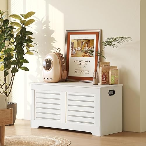 Miniatura 6 de DINZI LVJ Baúl de almacenamiento, caja de juguetes de madera abatible con 2 bisagras de seguridad, banco de almacenamiento retro para zapatos, baúl