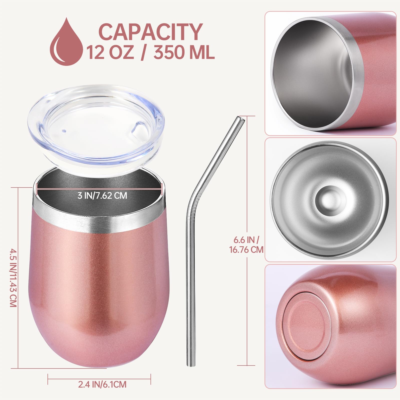 Volhoply 12oz Stainless Steel Wine Tumbler with Lid Bulk 4 Pack,350ml Double Wall Vacuum Stemless Wine Glasses,Metal Travel Coffee Mug with Straw,Insulated Cup Gifts for Christmas(Rose Gold,4 Set) - Image 2
