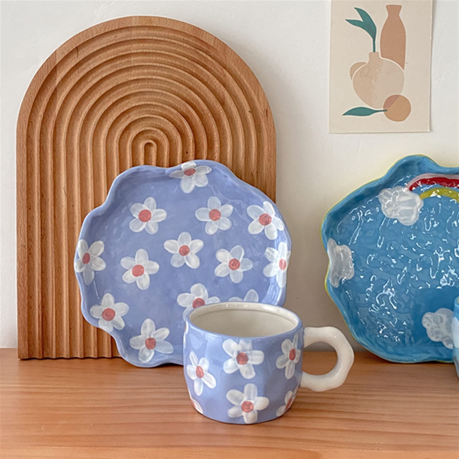 Mug Tasse Peinte à la Main Motif créatif gobelets et Assiettes sous-allumes de thé céramique thé café Tasse de Dessert Plate Alimentaire Cadeau à la Main Tasse à thé (Color : E)