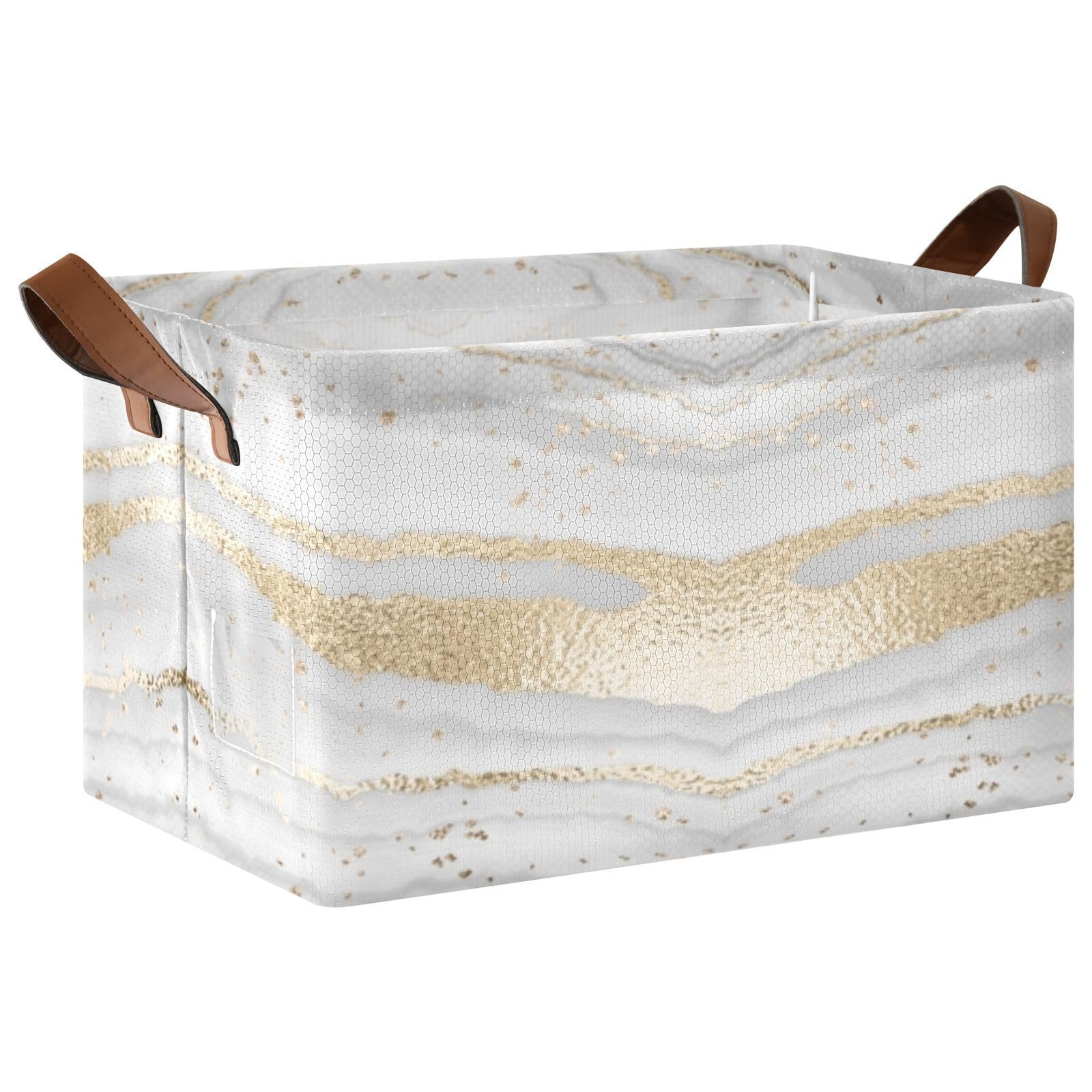 White Marble Texture with Gold Grey Lines Abstract Painting 1PC Rectangle Foldable Frame Basket Leather Handles Storage Bin for Laundry Bathroom Organizer M 16.9 x 11.4 x 10 inch
