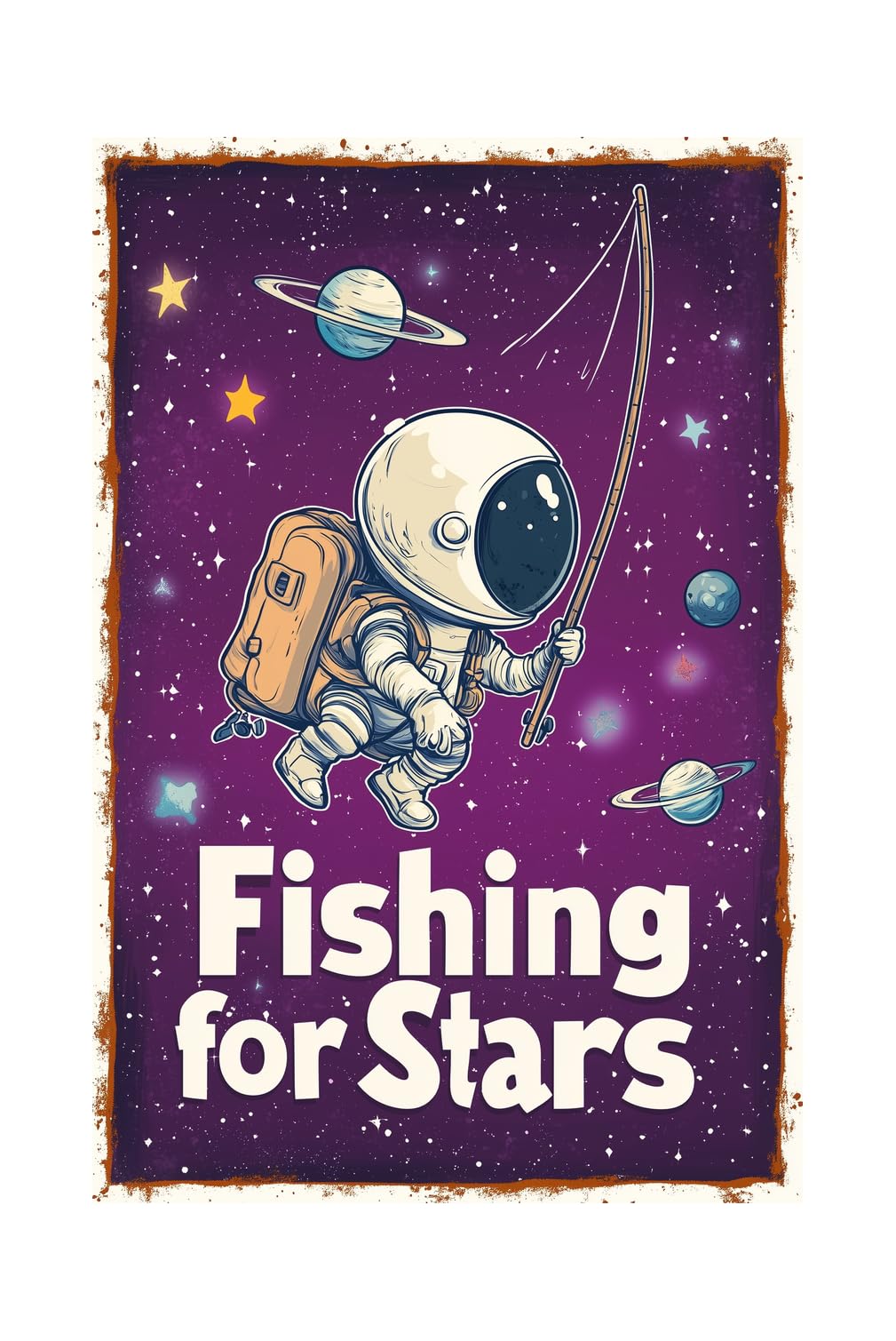 Korrazi Astronauts-Signs Outer-Space Metal-Arts Universe-Poster, Fishing for Stars, Planet Positive Wall Decor Plaque for Boys Kids Nursery, Game room 8 X 12 Inches