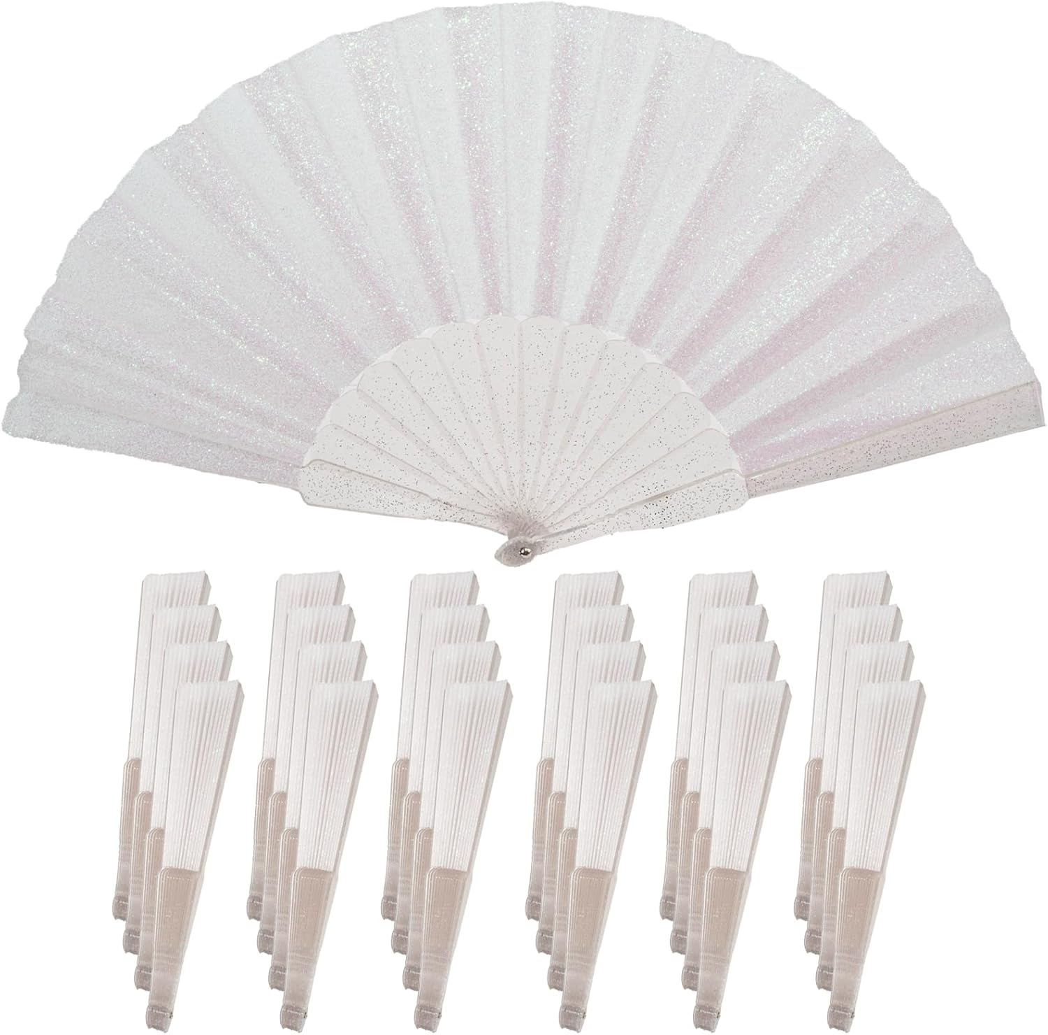 24 Pack Handheld Fan,Folding Hand Glitter fan with Shining Transparent Fan Rib – Ideal for Wedding, Church, Festival, Dance, Tea Party, Club, and EDM Accessories, White