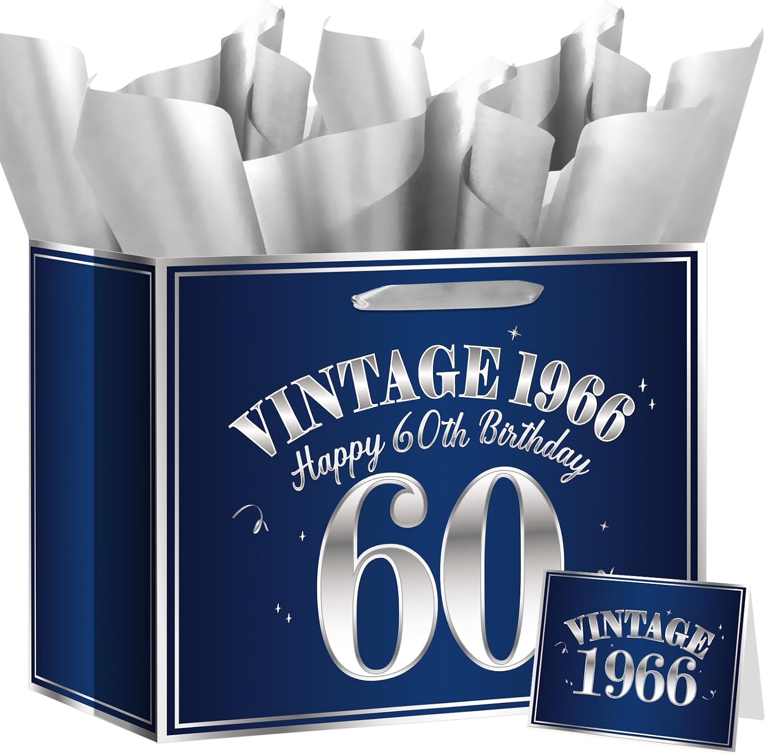 Large 60th Birthday Gift Bag Vintage 1966 Large Navy Blue Silver Wrapping Set With Tissue Paper and Greeting Card for Men Women Dad Mom Happy 60 Years Old Bday Anniversary Party Supplies Decor Present