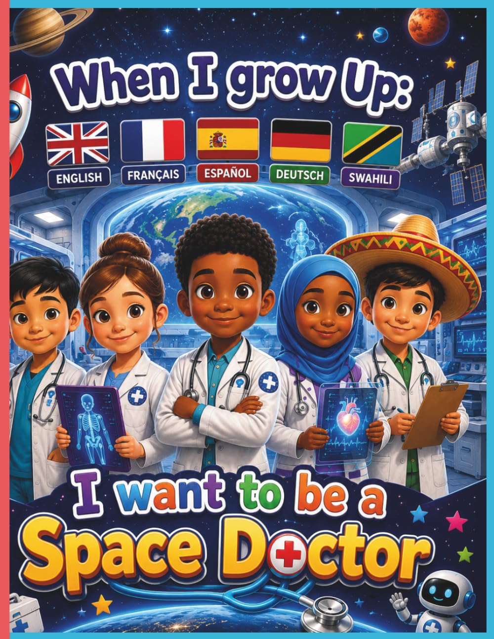 When I Grow Up I Want to Be a Space Doctor: A Multilingual Story & Coloring Book in English, French, Spanish, German & Swahili for Kids Who Love Space, Science and Medicine