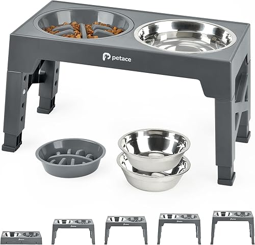Cuencos elevados para perros con 2 tazones de comida para perros de acero inoxidable y 1 cuenco de alimentación lenta para perros, cuenco elevado de