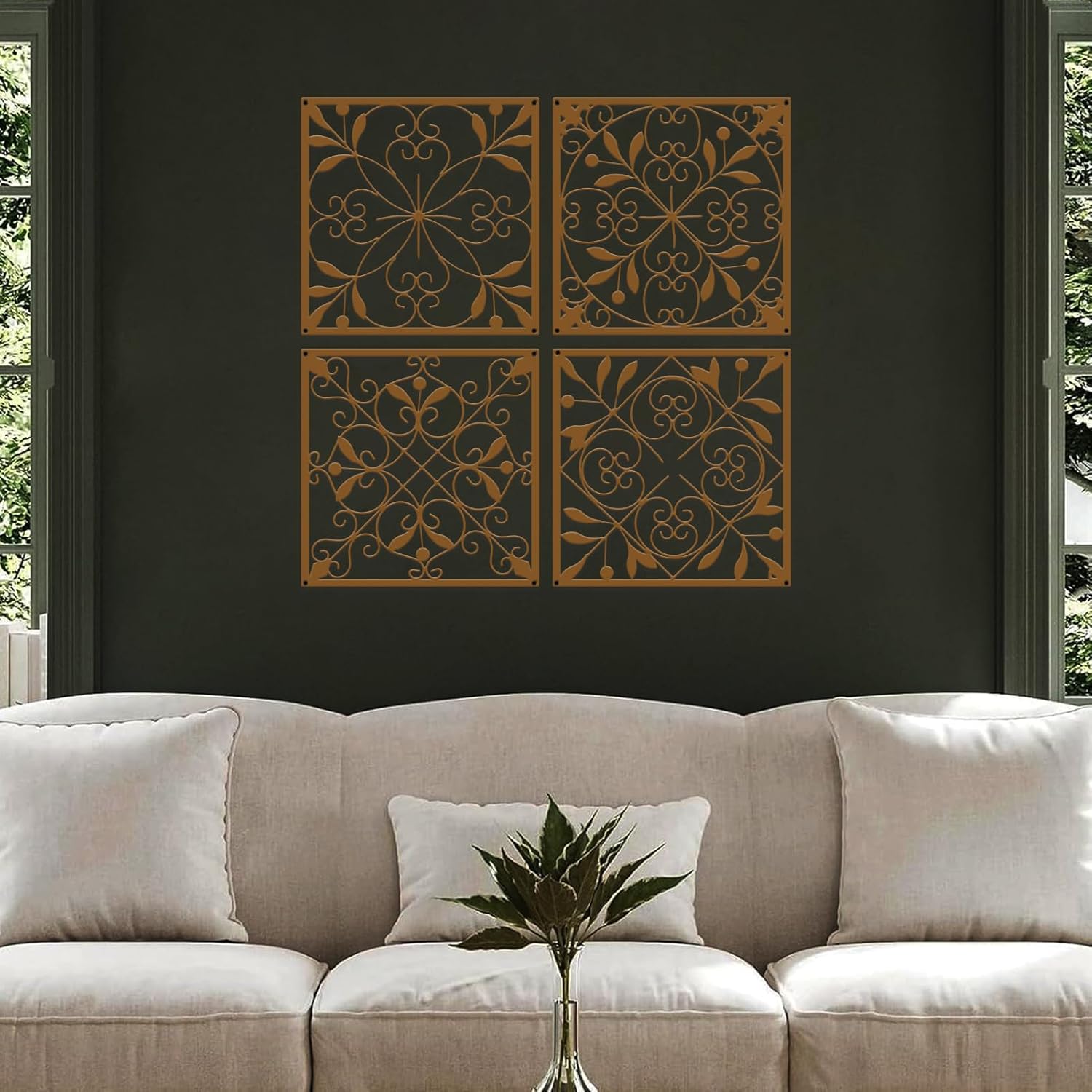 Resama 4 Pieces Rustic Wall Decor Farmhouse Wall Decor for Living Room Metal Hollow Carved Design Metal Decorative for Home Bedroom Kitchen Office (Brownish Orange,Square)
