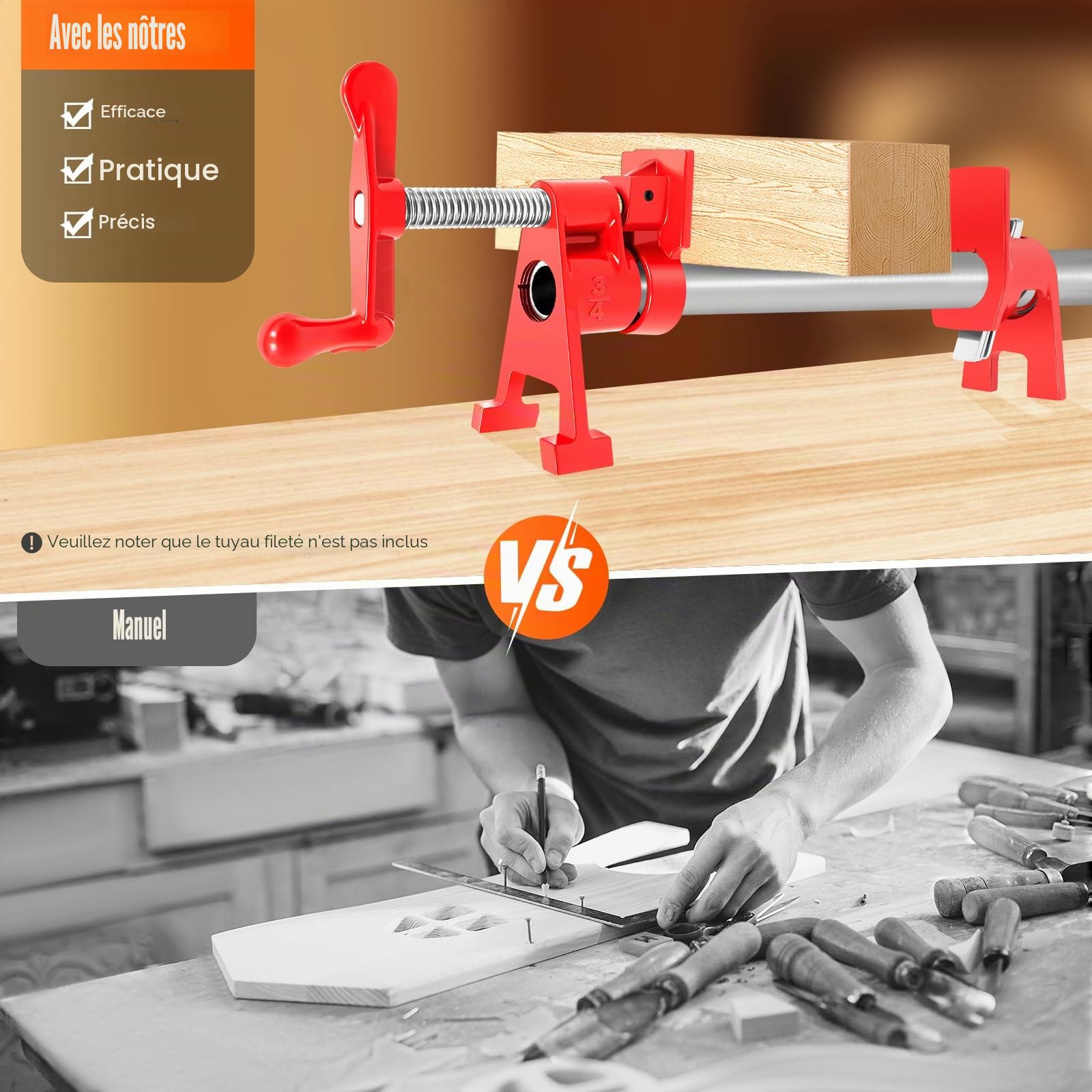 Ensemble de 4 serre-joints à vis en métal de 3/4" - Colliers de serrage pour tuyau - Serre-tubes - Serre-joints à bois - BRRIDE