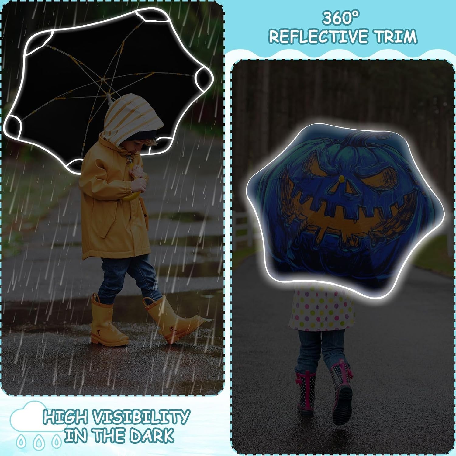 Blue Halloween Evil Pumpkin Designer umbrellas for kids Rain Sun and Wind Protection Umbrella with Reflective Strip for outdoor for rain windproof