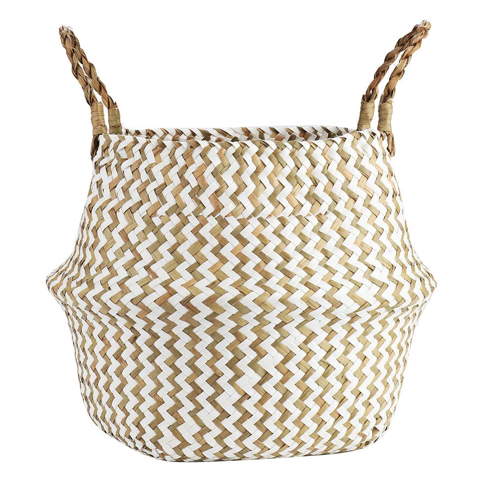 Botaniczny tkany kosz do przechowywania z trawy morskiej |Składany organizer na ubrania do prania/zabawek/pikniku |Eco - Świadomy, solidny kosz z uchwytami |Zakrzywiony wzór (White (wavy pattern))