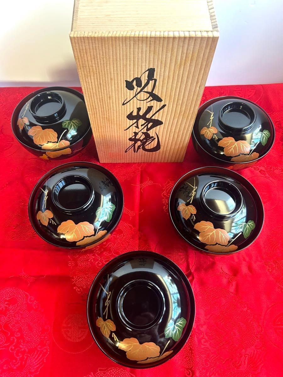 特選漆器 山中塗 蓋付き吸物椀 雑煮碗5客セット 黒地に葉
