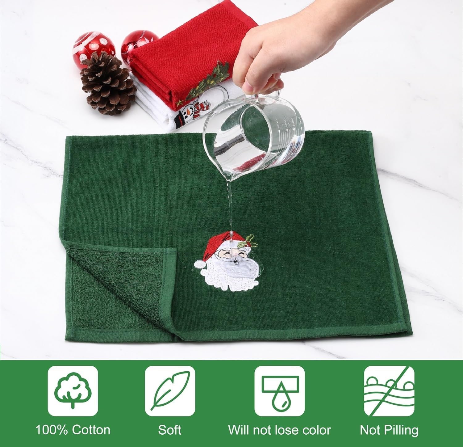 Christmas Hand Towels - Set of 3 Kitchen and Bathroom Towels - Cotton, 18x25 Inches - Embroidered Holiday Design - Decorative Dish Towels in 3 Colors( Red, Green, White) - Image 3