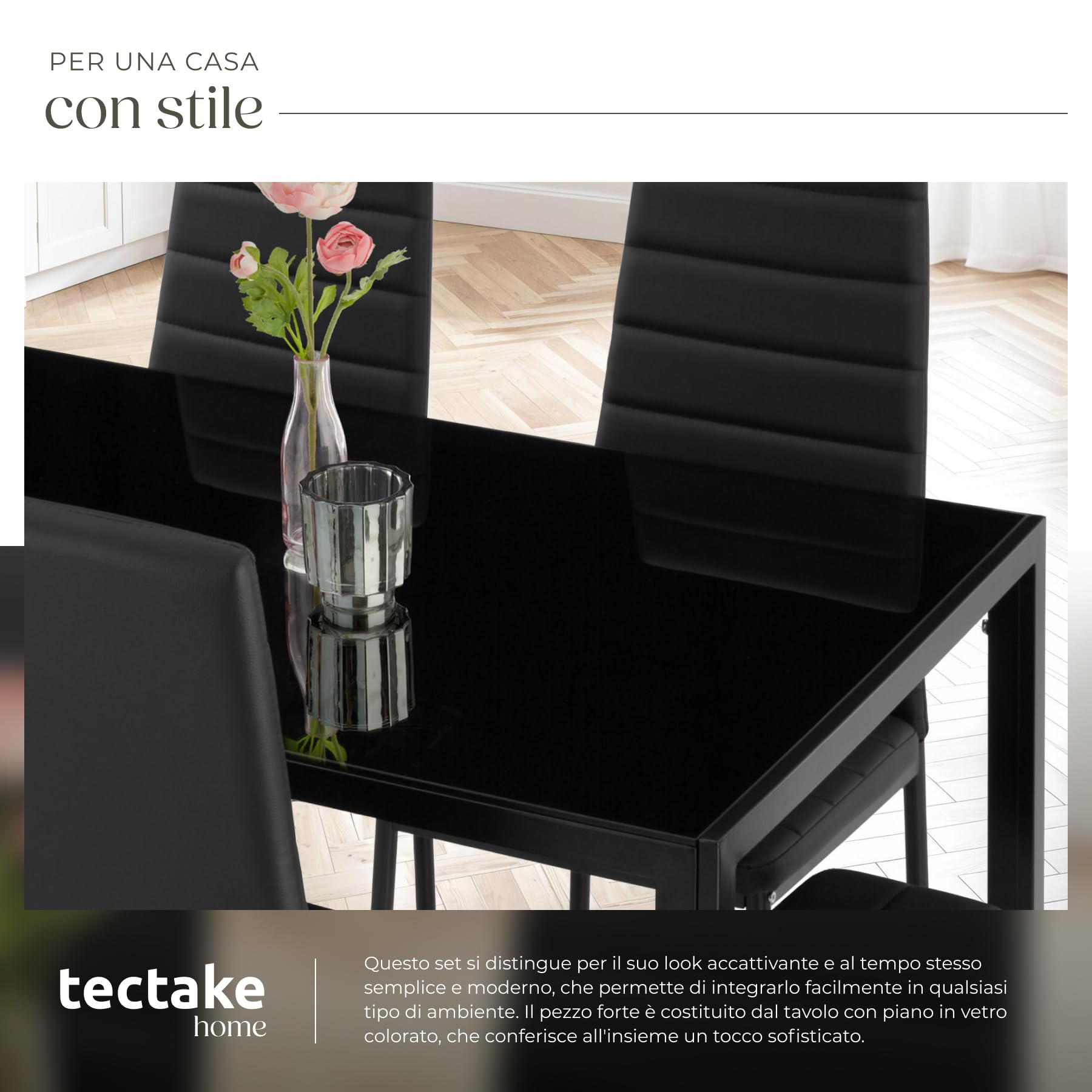 tectake® Set di Mobili per Sala da Pranzo, 6 Sedie in Similpelle Resistente, Tavolo con Piano in Vetro, Design Moderno, Piedini SalvaPavimento, Ideale per Cucina e Soggiorno - Nero/Nero