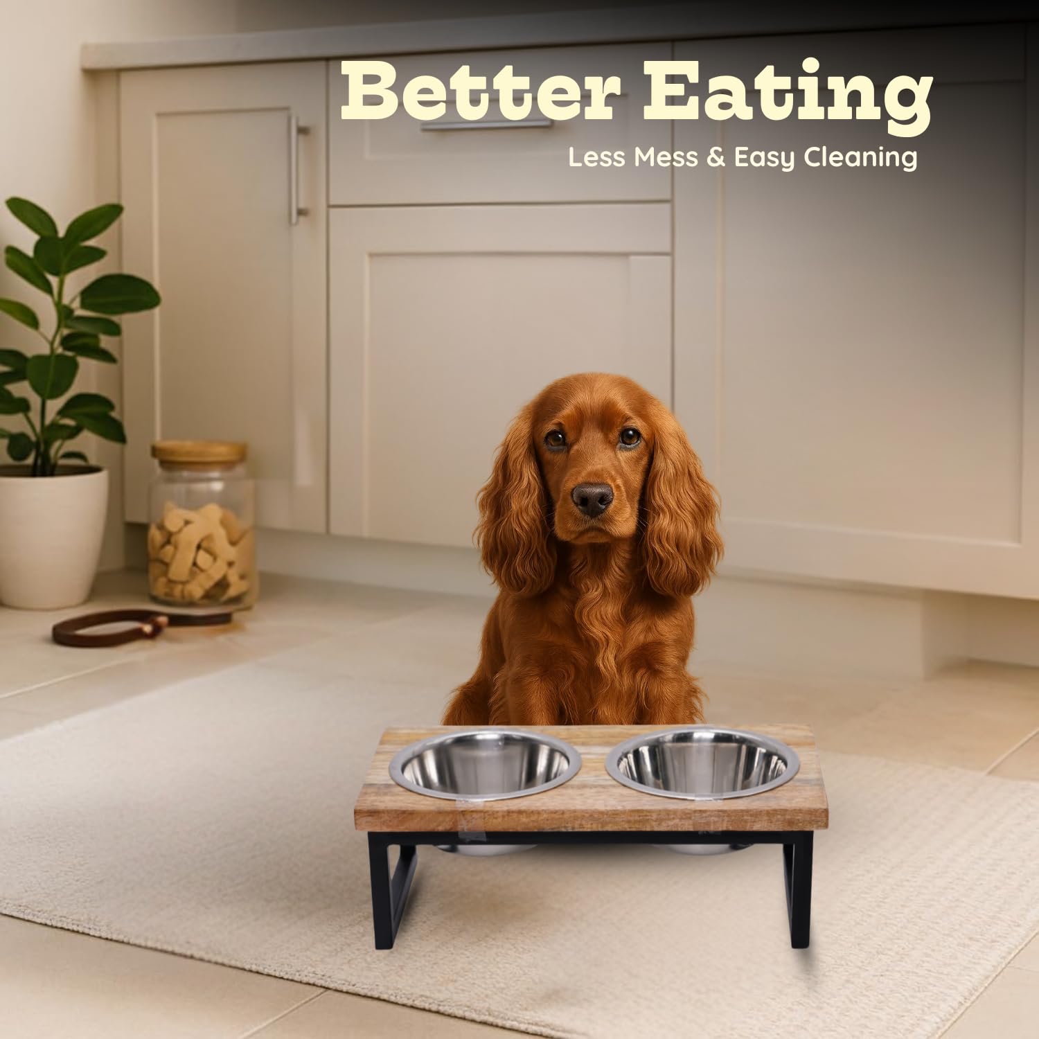 Soporte elevado de madera para perros con 2 cuencos de acero inoxidable para alimentos, plato de alimentación de agua de 4 pintas/2 cuartos de galón, comedero para mascotas para gatos y
