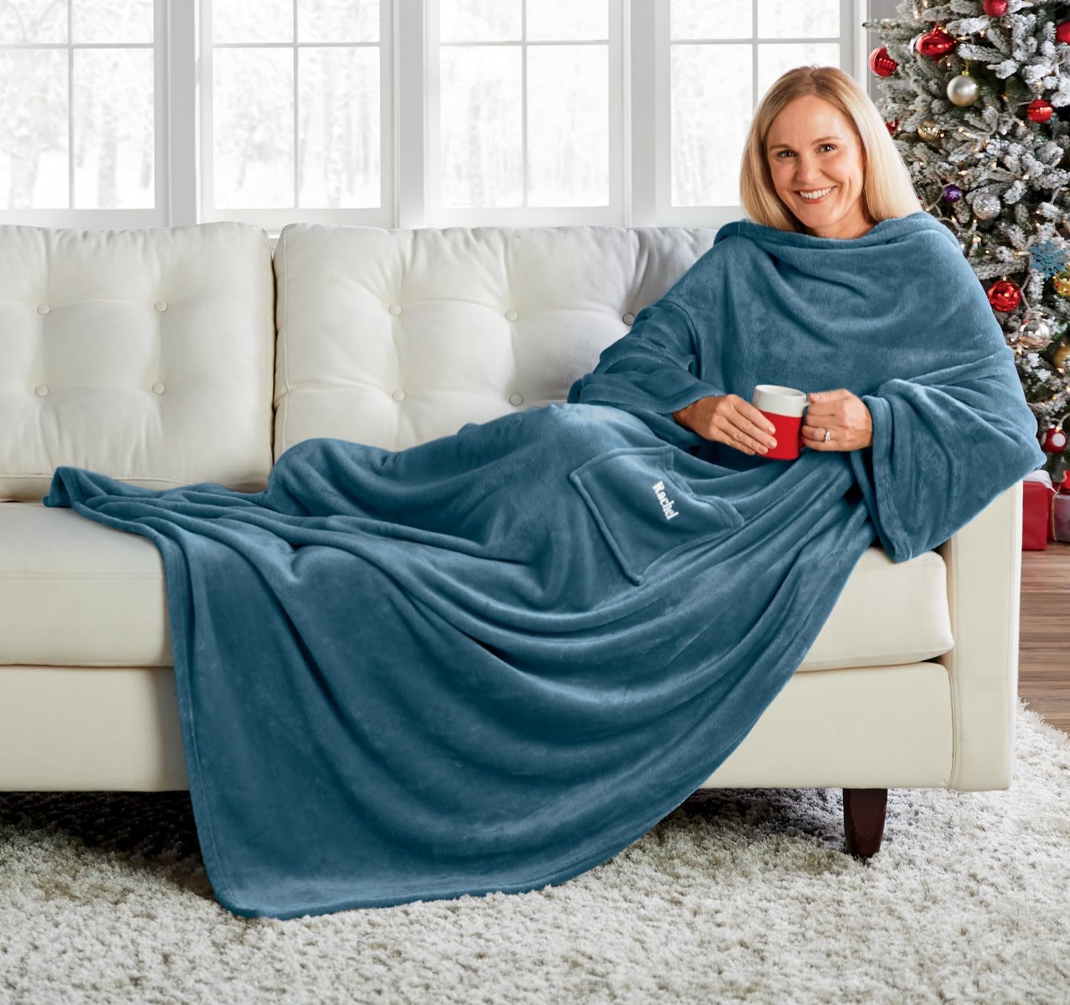 Montgomery Ward Plush Sleeved Throw, Wearable Blanket - Throw, Soft, Comfortable, Teal, 50" x 70" - Image 3