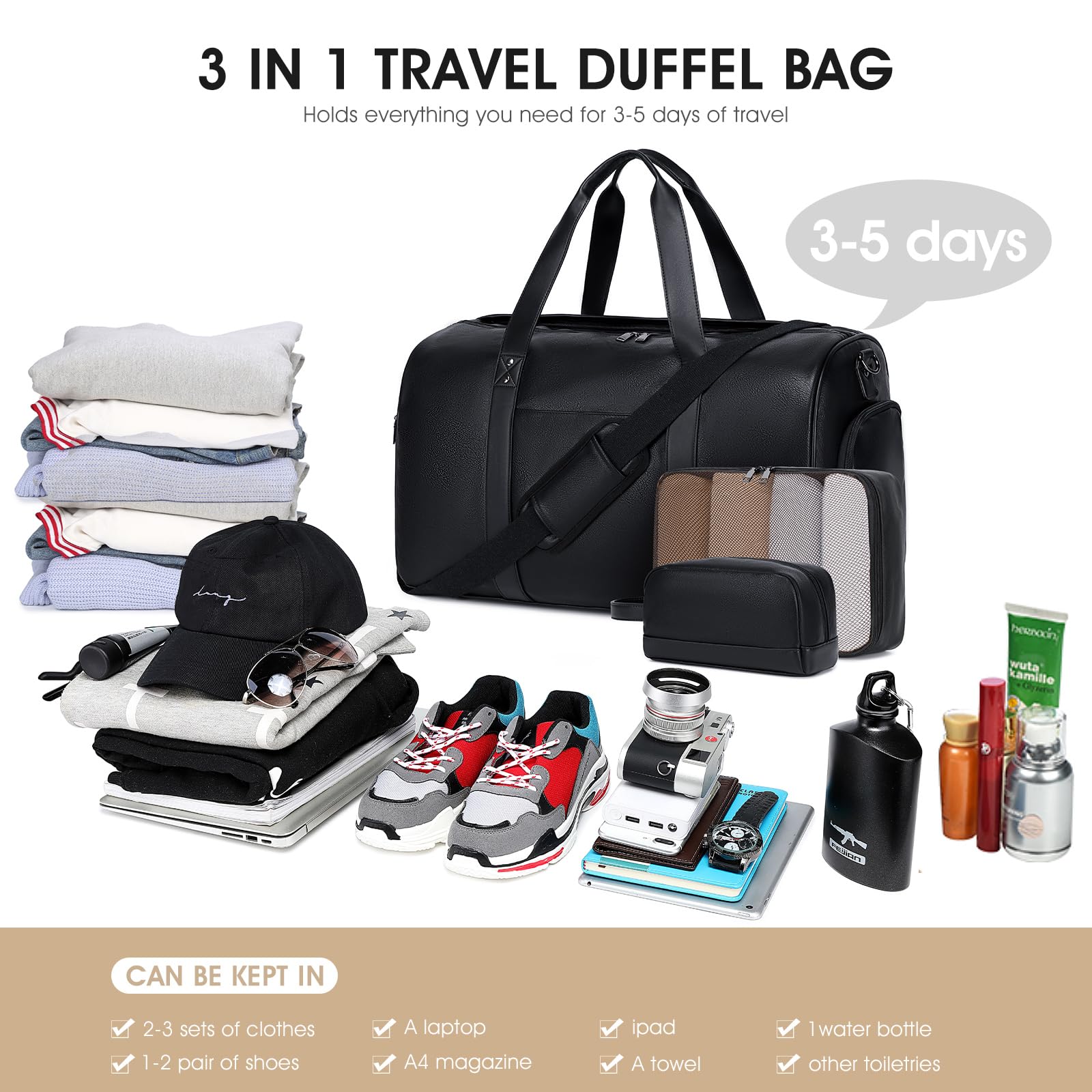 Wogarl 3 bolsas de fin de semana para mujer, bolsa de viaje grande para fin de semana, bolsa de viaje con compartimento para zapatos, Negro, L, Moda