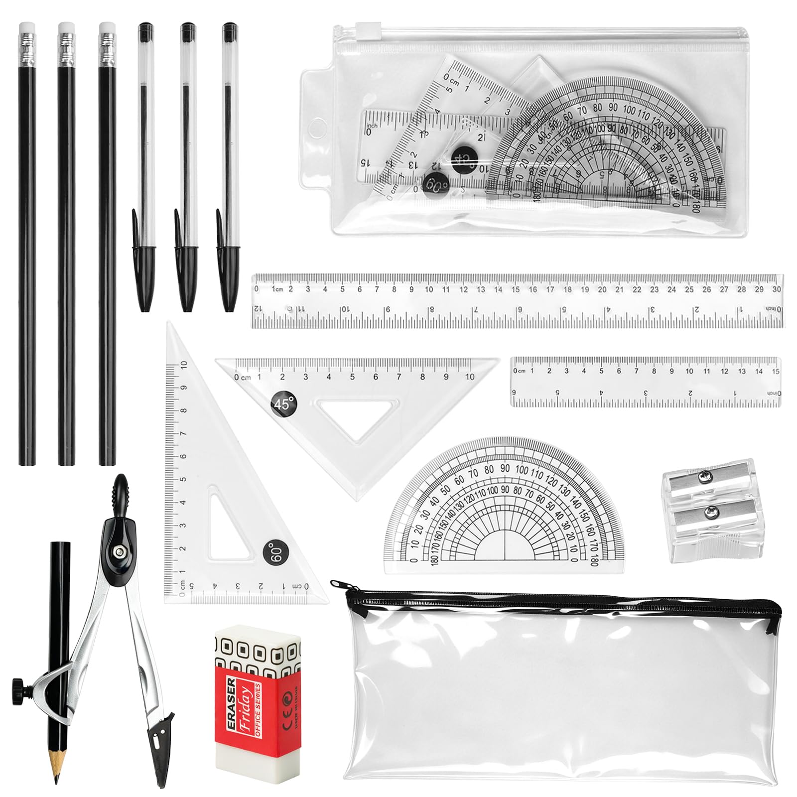 Back to School Stationery Set, 15PCS Protractor and Compass Set, Exam Stationery Set, Mathematical Kit, Pencil Case with Stationery Included, Geometry Sets, Complete School Supplies