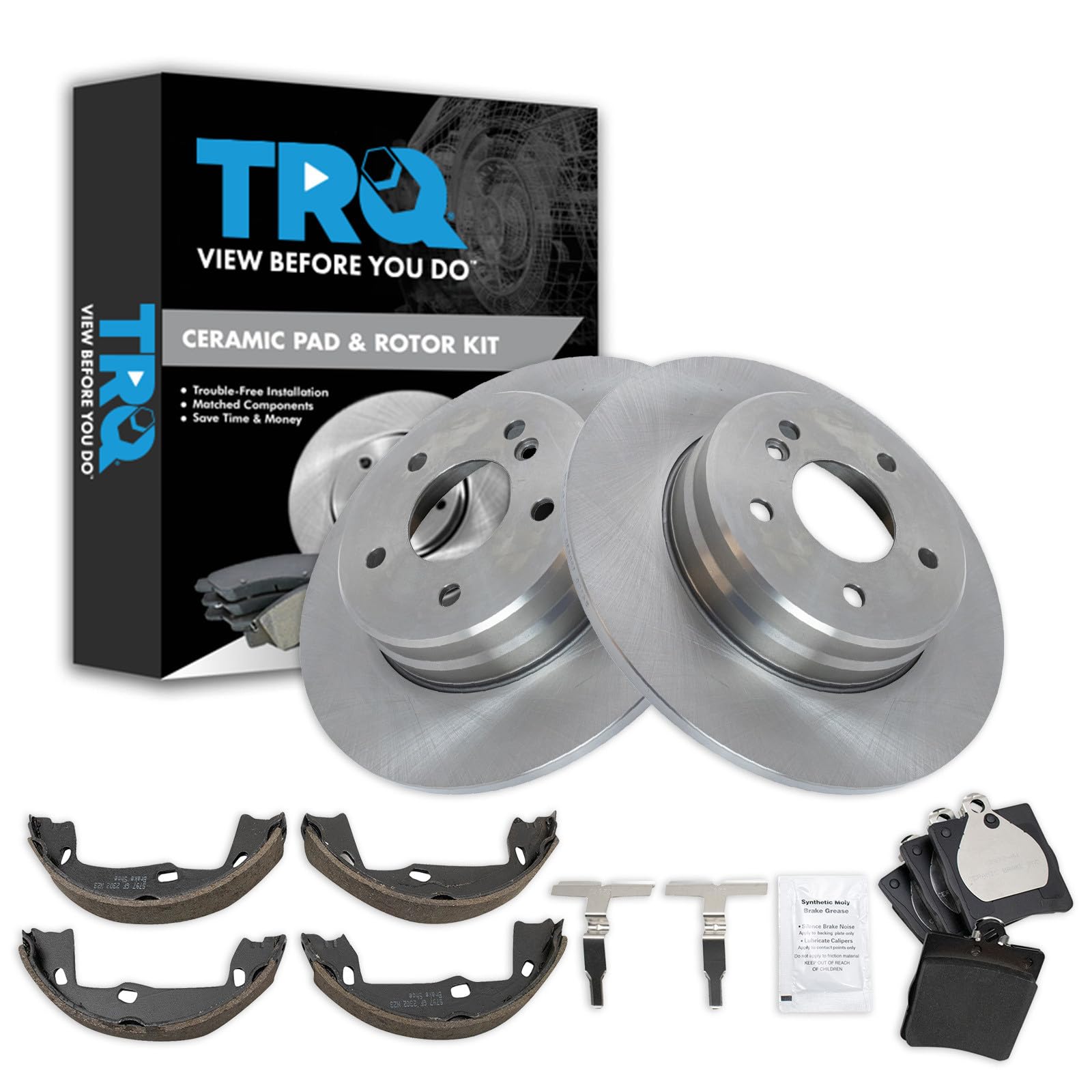 TRQ Rear Brake Pad &amp; Rotor Ceramic Compatible with 1996-2002 E320 E430 2000-2005 CLK320 2001-2005 C320 2003-2005 C240 2005-2011 SLK350 2006-2009 CLK350 2006-2007 C280 C350 2007 C230 2007-2008 SLK280