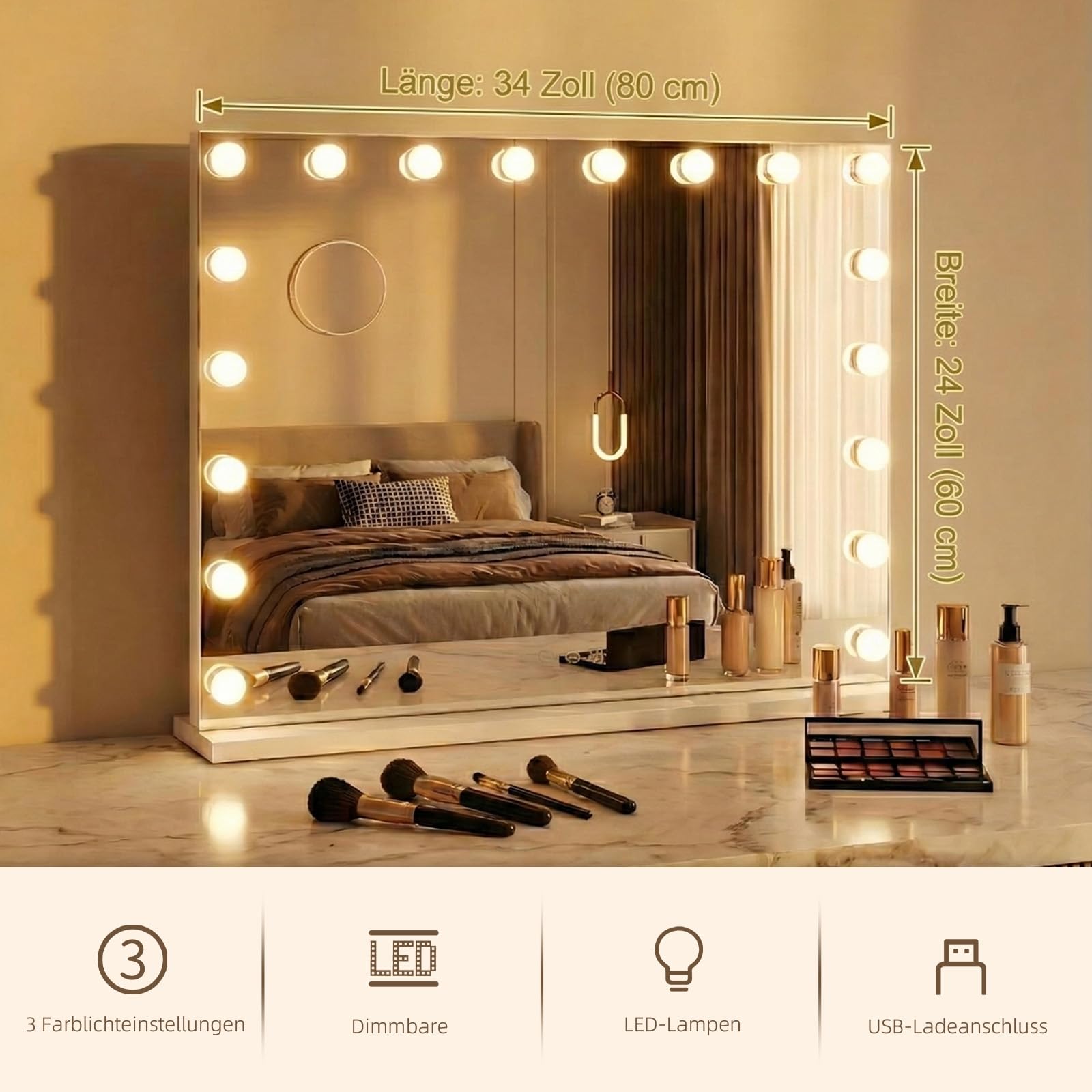 Lusterko do makijażu z oświetleniem, 80 x 60 cm, lusterko kosmetyczne z 18 diodami LED do makijażu, lustro Hollywood Vanity Mirror Touch, sterowanie 3 kolorami światła, USB, w zestawie 10
