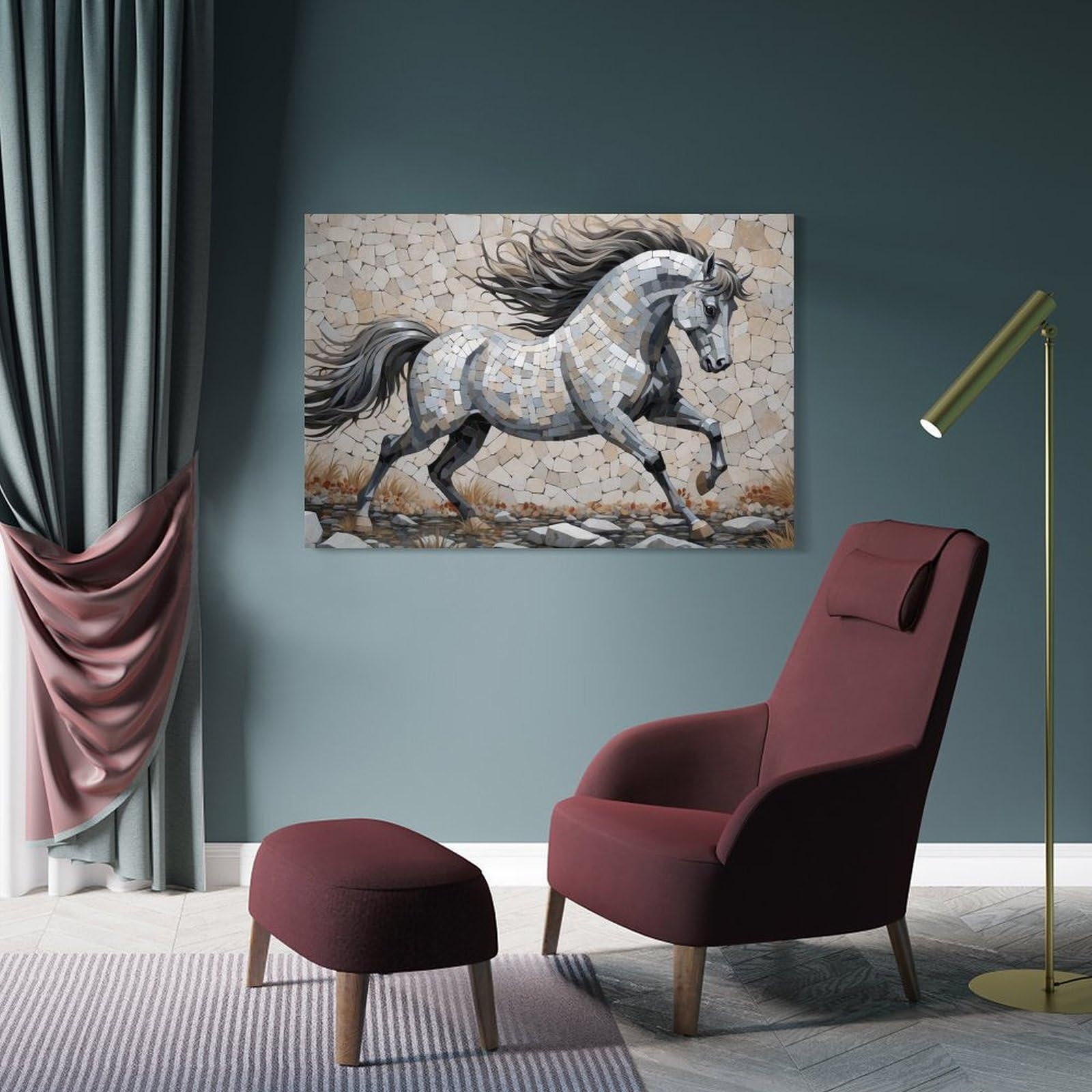 Junmoney Mosaic Horse Galloping Canvas Art Print 24x36inch(60x90cm), for Calm Bedrooms, Home Corners Or Flats, An Easy Wall Refresh for Bedrooms