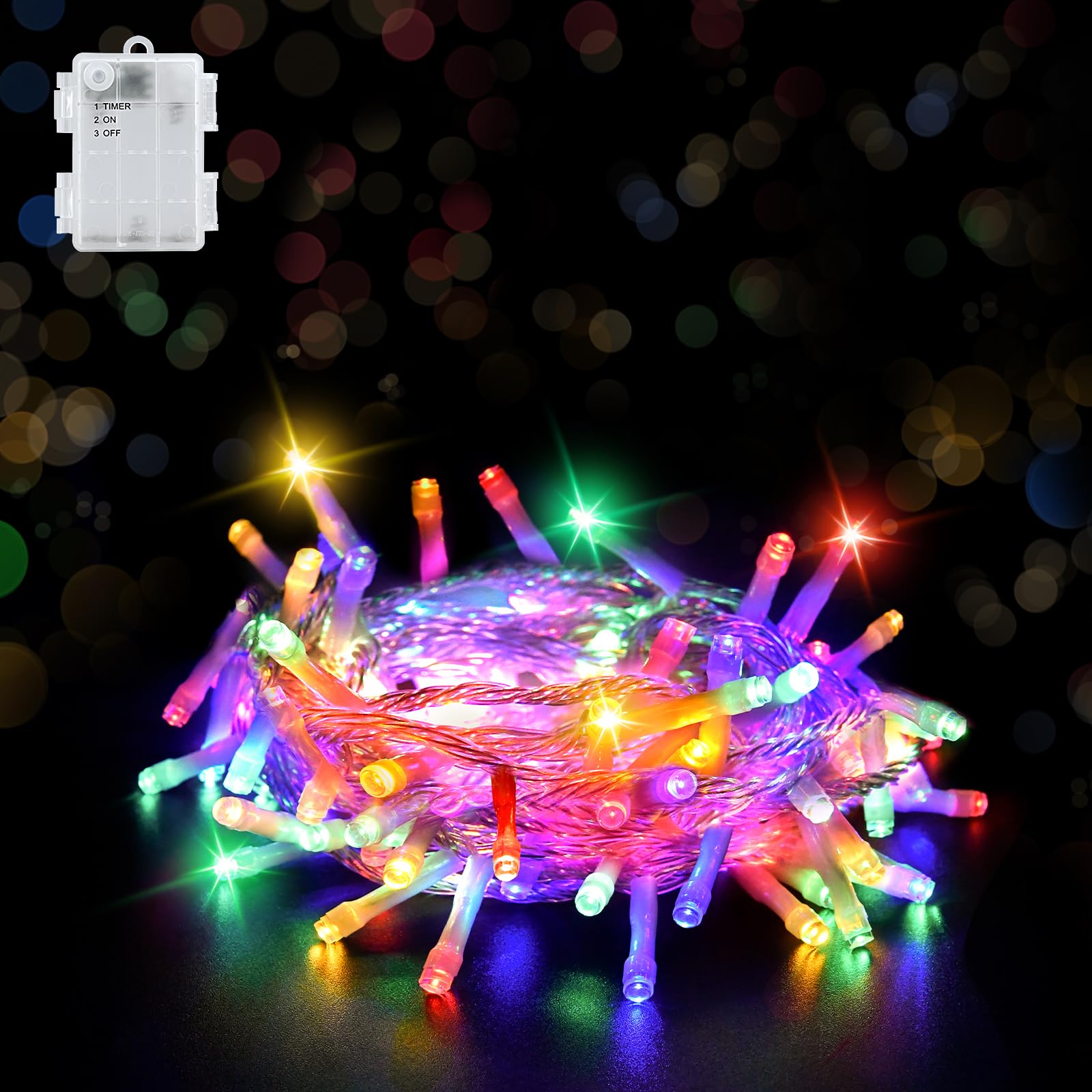 aifulo Cadena de luces para exteriores, batería multicolor, 3 m, 30 LED, cadena de luces con temporizador (6 horas encendidas | 18 horas apagado), IP65 resistente al agua, funciona con pilas para