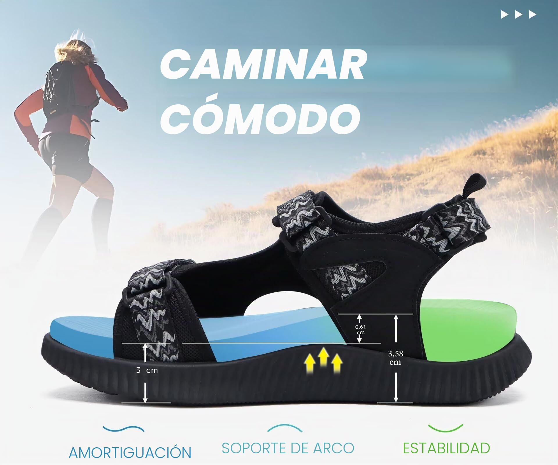 KuaiLu Sandalias Trekking Deportivas Mujer Ortopedicas Senderismo Sandalias | Comodas Caminar Fascitis Plantar Sandalias Verano Abierta Ligera Cuero Ajustables Antideslizantes Sandalias Montaña Negro 38