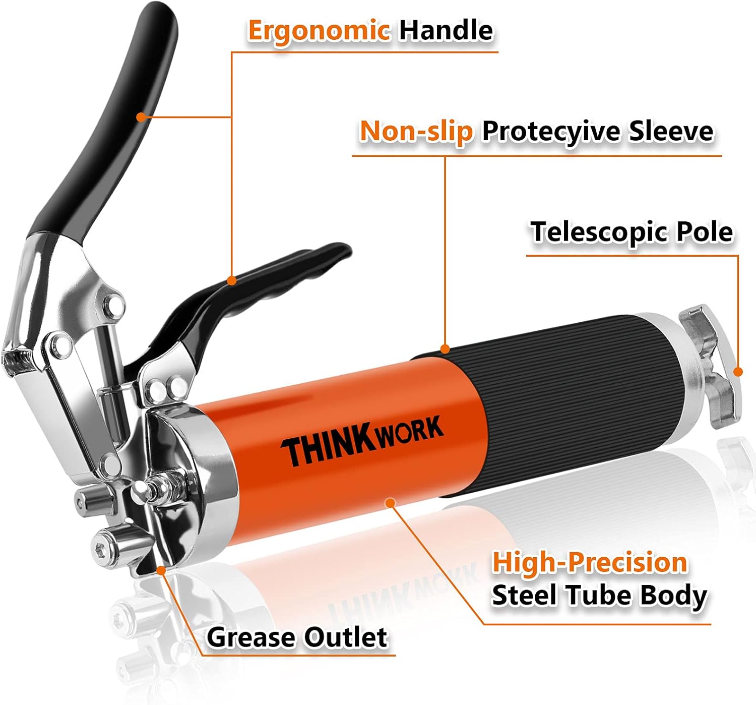 THINKWORK Heavy Duty Grease Gun, 8000 PSI Pistol Grip Grease Guns with 18 Inch Flex Hose, 2 Working Coupler, 3 Extension Rigid Pipe & 1 Sharp Type Nozzle, for car, Ship (6 Accessories) : Automotive