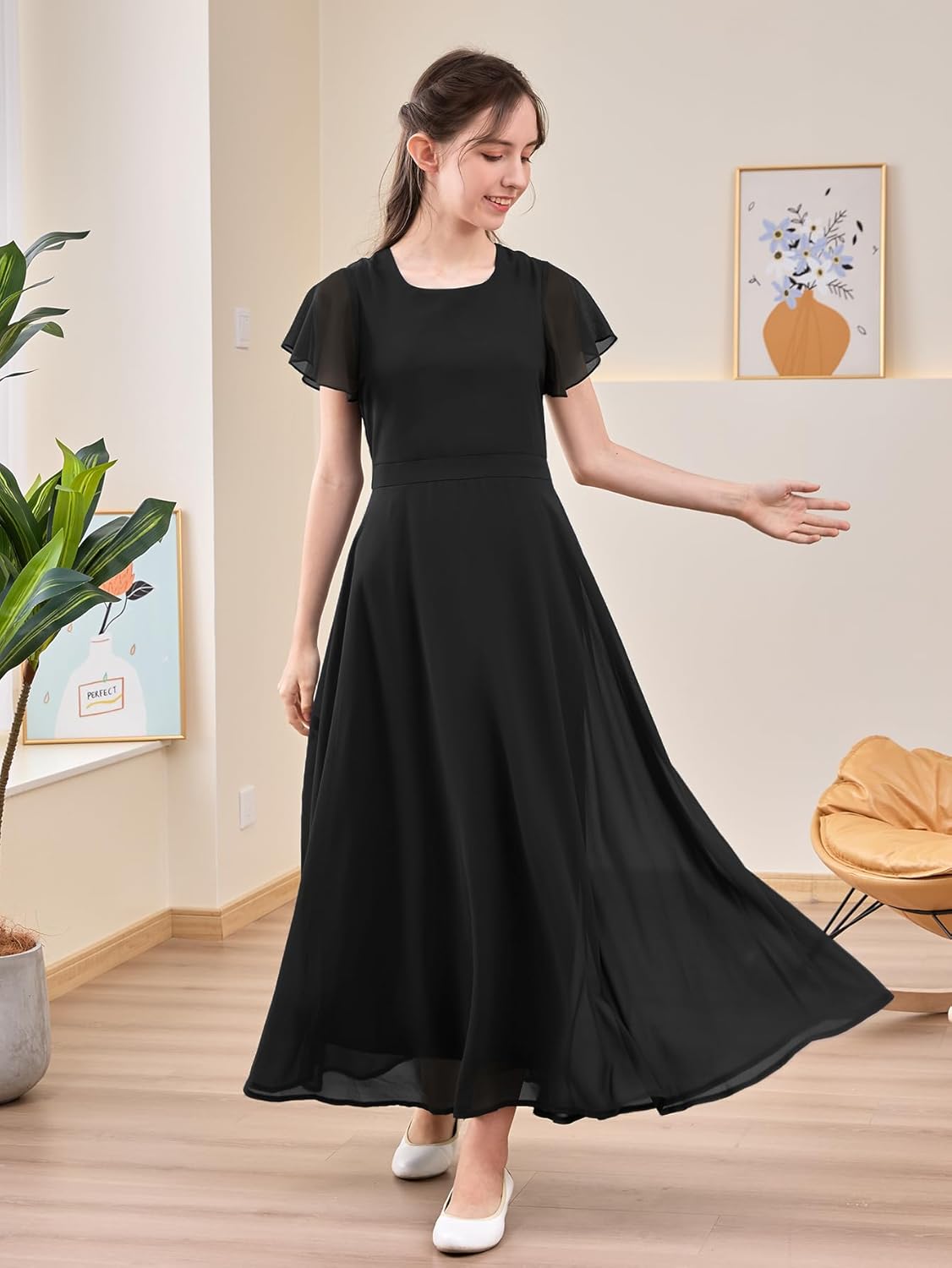 GORLYA Girls Scoop Neck Ruffle Sleeve Vintage Elegant Flowy Wedding Party Long Maxi Chiffon Dress 10-16Y - Image 5