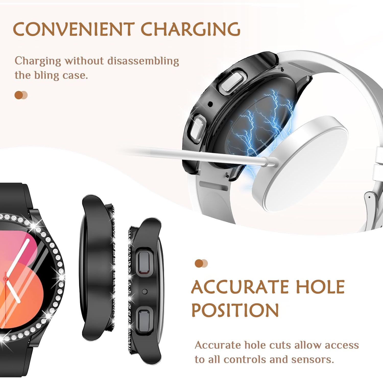 DEALELE [2-PACK] Case Compatible with Samsung Galaxy Watch 5/4 44mm, Bling Single-Row Diamond PC Protective Case Replacement Watch Cover Bumper (44mm, Gold+Transparent) — view 277