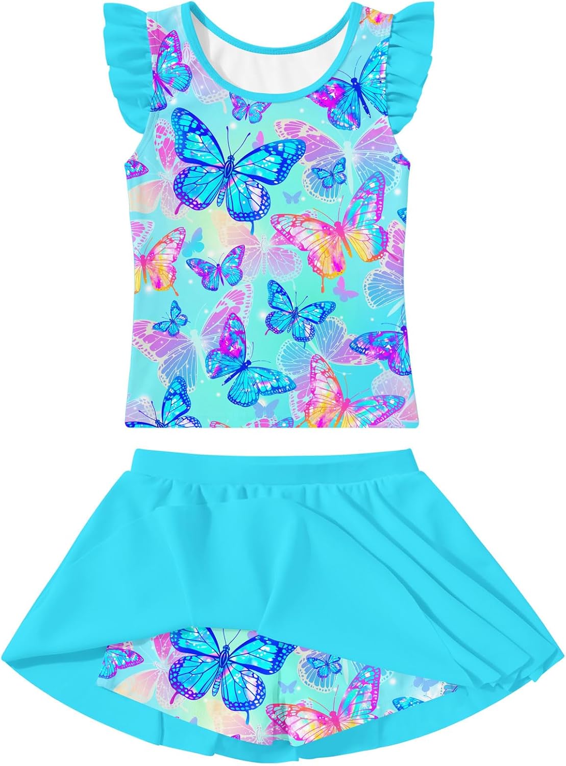 Girls Swimsuit 2 Piece Ruffle Bathing Suit UPF 50+ Tankini Swimsuit Skirt with Lining Size 3-10
