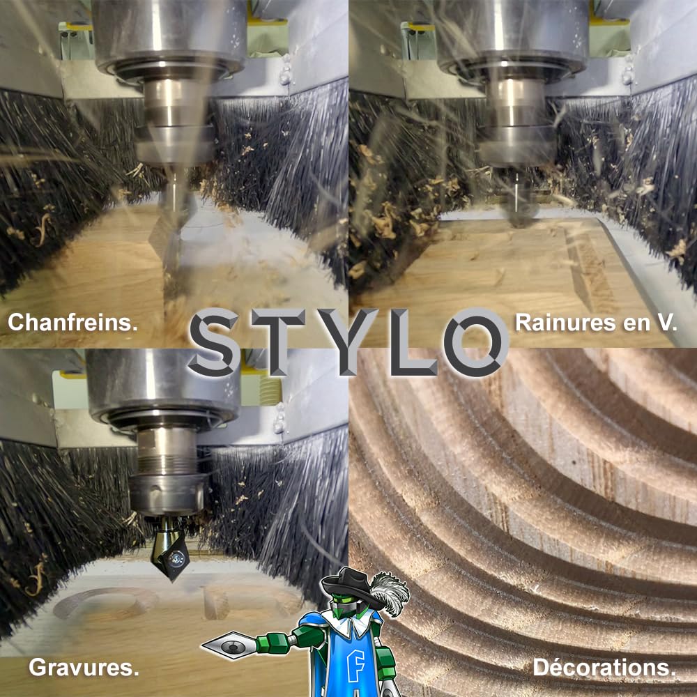 Fraiser Stylo - Fraise en V multifonction avec insert réversible pour gravure, chanfrein 45° et rainures en V 90°, queue 8 mm, pour CNC et défonceuse, bois, MDF et plastiques