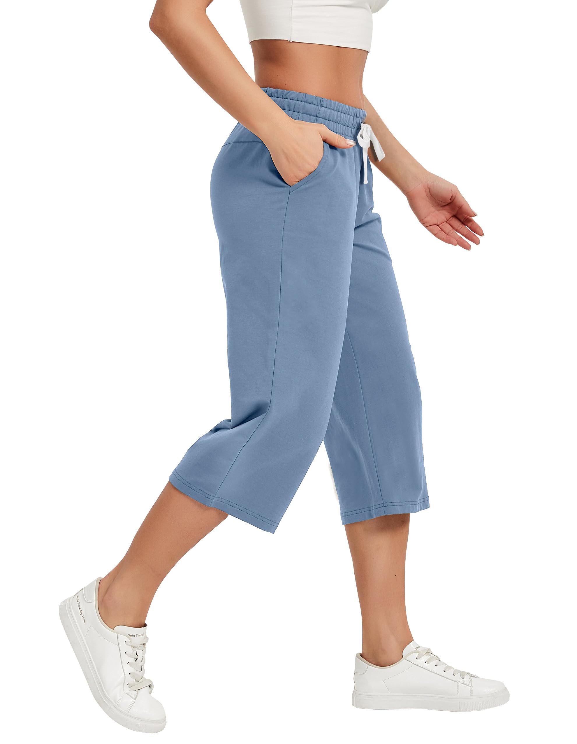 SPECIALMAGIC Pantalons capri en coton pour femme, Bleu poussiéreux., XX-Large | 95 % coton, poche intérieure, extensible, doux, respirant, cordon de serrage, taille élastique, mi-mollet