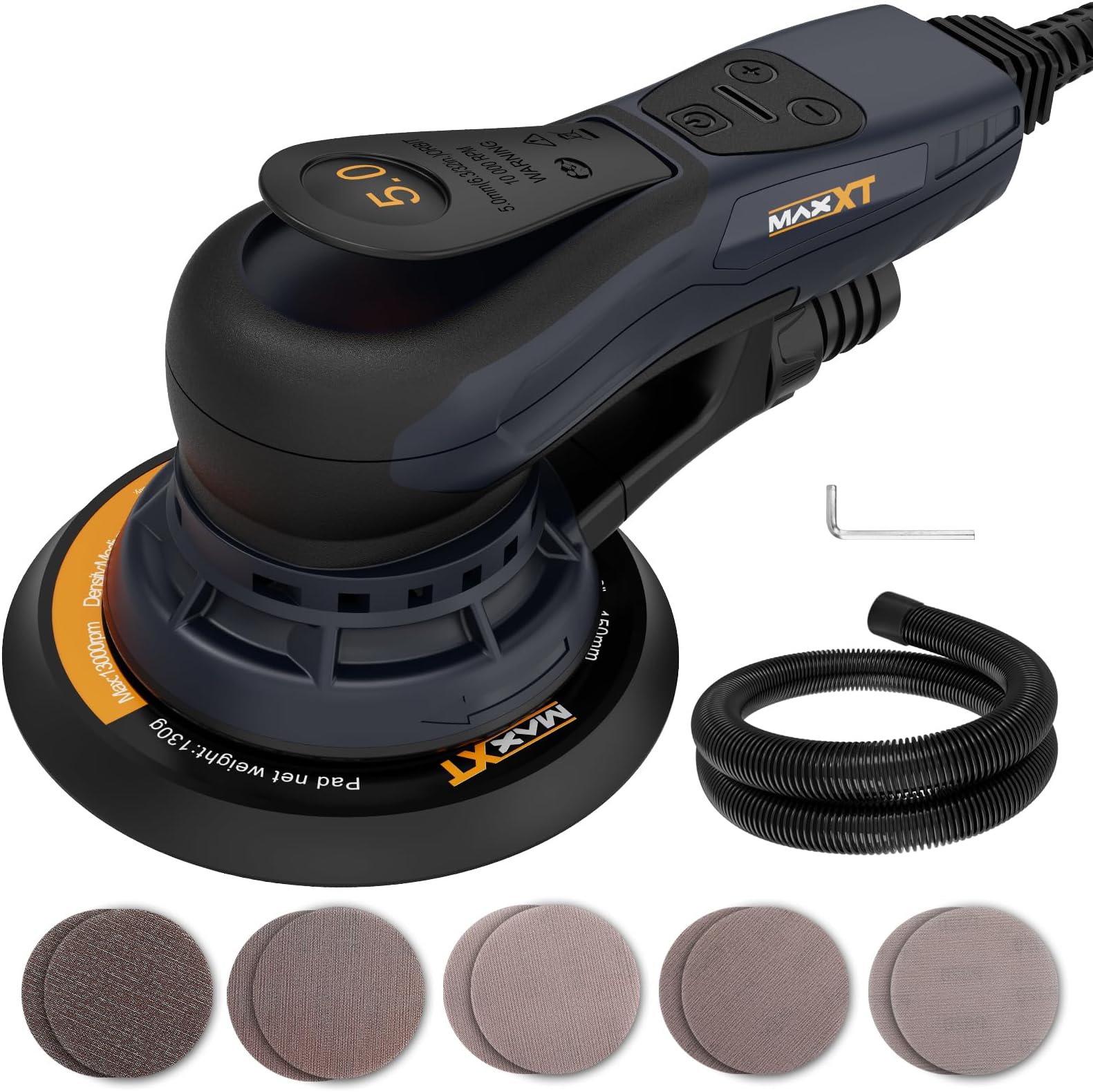 MAXXT Electric 5mm Random Orbital Sander, Brushless 350W 3A Palm Sander, Multi-function Variable Speed Electric Corded Orbital Sanders Machine with 6Inch Sanding Pad, 10 Sanding Papers for Woodworking