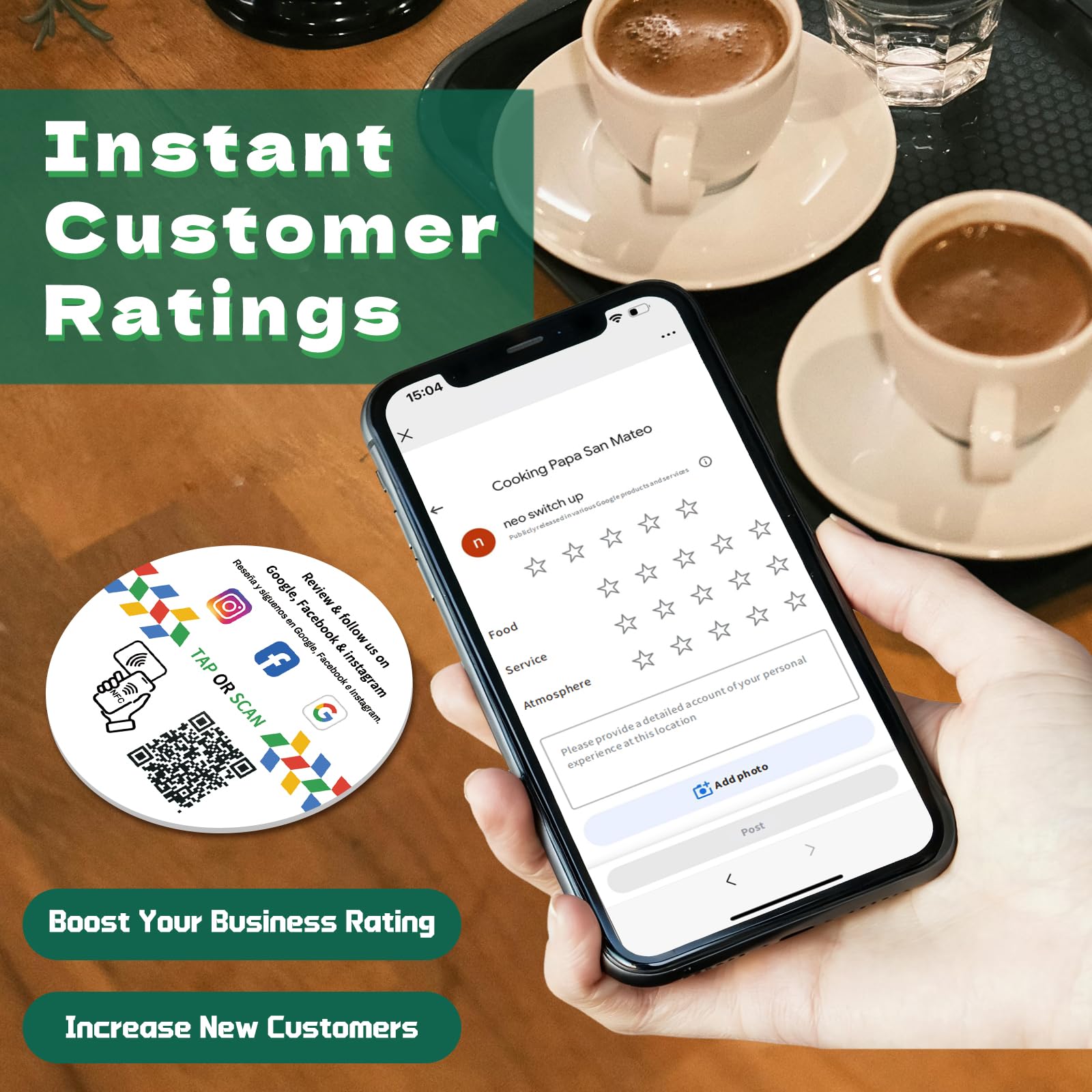 TapFive - Tarjetas redondas de Google Review Tap (2white2black) - Tap para reseñas instantáneas - Compatible con todos los teléfonos - Smart Tap reutilizable NFC y QR - Boost Business Reviews