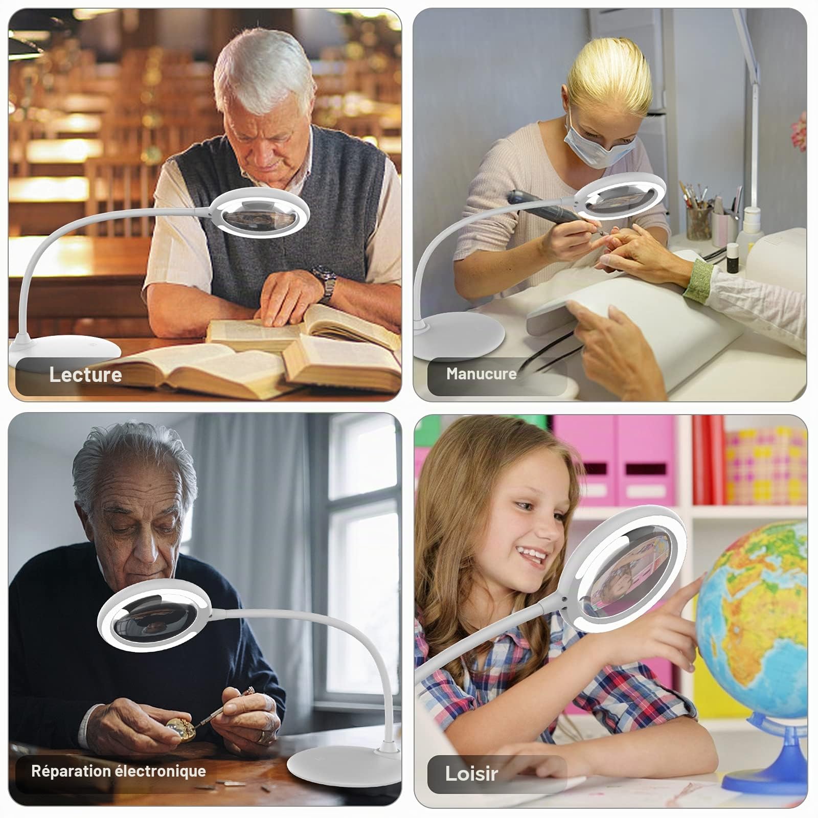 Loupe 3 x avec lumière et Support – Loupe Tactile à intensité Libre avec lumière LED pour Le Travail, la Lecture, Les Loisirs, la Couture, Les Loisirs créatifs (Blanc)