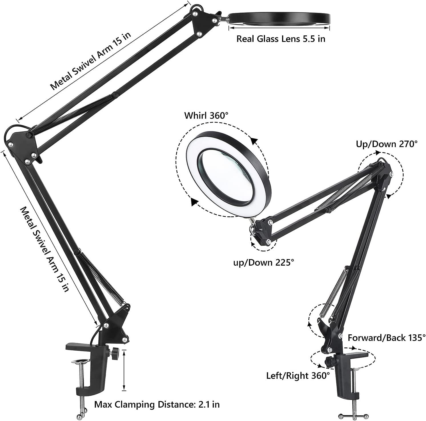 10X Magnifying Glass Lamp Ultra Long 3-Section Swing Arm with Light and Stand, Desk Lamp 5 Color Modes LED Super Bright Daylight, Arm Lighted Magnifying Lamp for Workbench, Crafting, Hobby (Black)