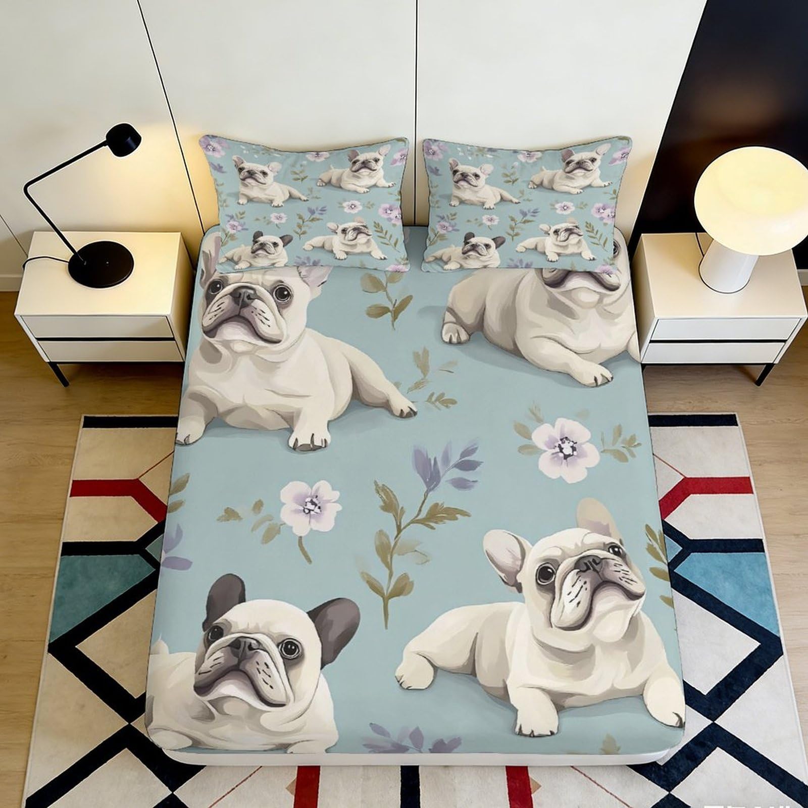 3D Printed French Bulldog Blue Fitted Sheet Microfiber Soft Dog Pattern Bed Sheet for Bedroom Guestroom Decor 90x200x25cm
