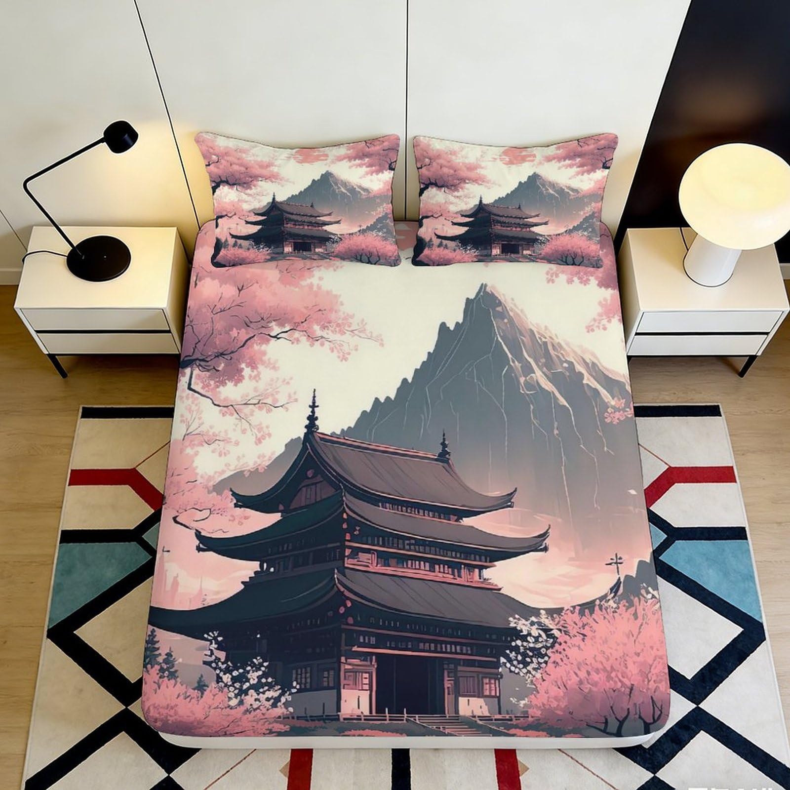 3D Printed Cherry Blossom Fitted Sheet Microfiber Soft Breathable Asian Temple Bed Cover for Bedroom Dorm Dormitory Guest Room Protection Decoration 200x200x25cm
