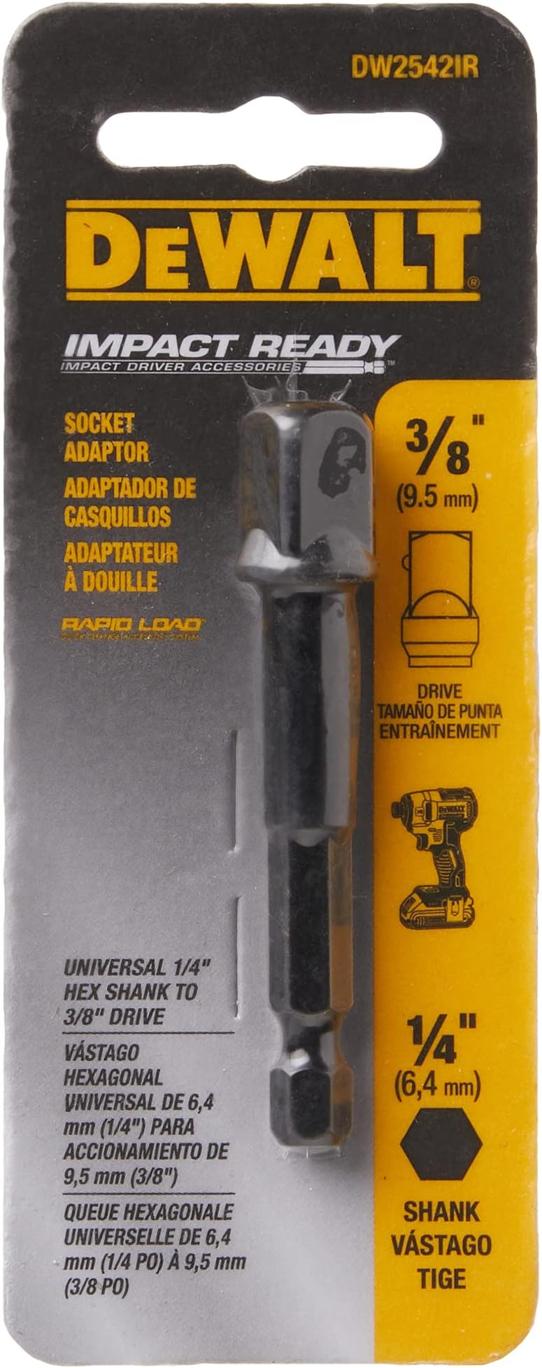 DEWALT Socket Adapter, Hex Shank, Impact Ready, 1/4-Inch to 3/8-Inch (DW2542IR)